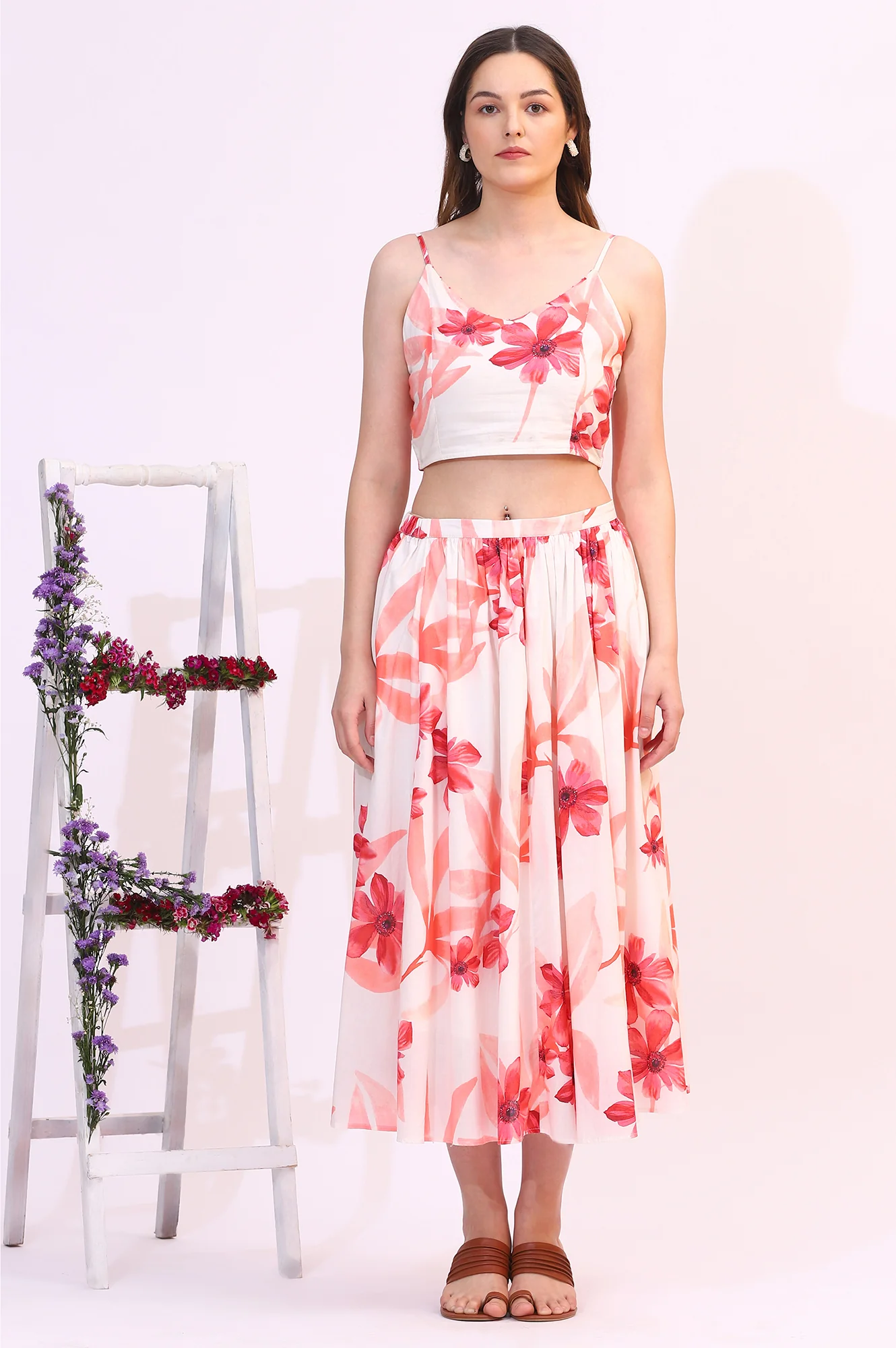 Wite Bold Floral Printed Pure Cotton Crop Top, Gilet and Skirt Set - Image 8