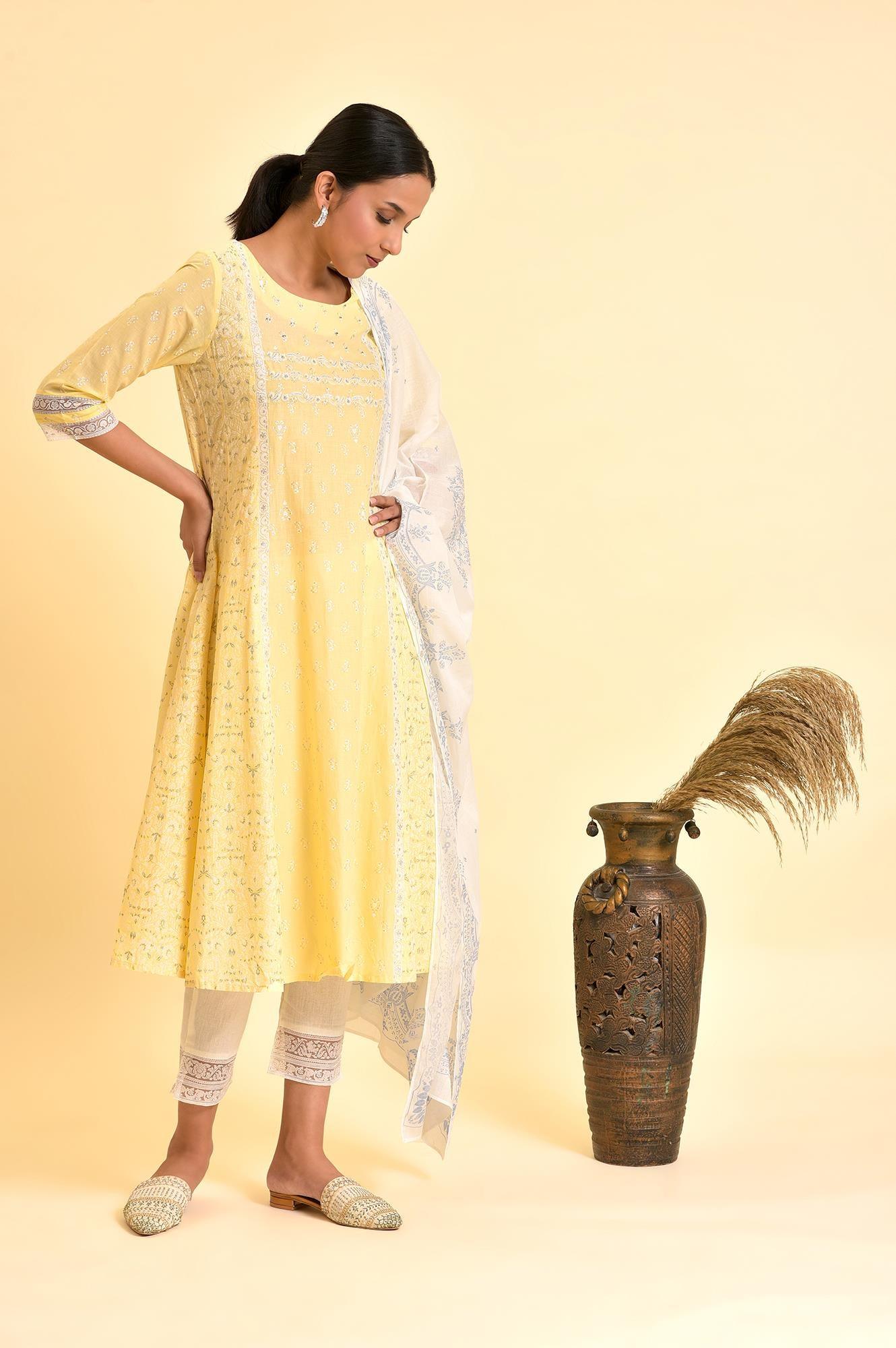 Yellow A-Line Embroidered Kurta, Pants And Dupatta Set