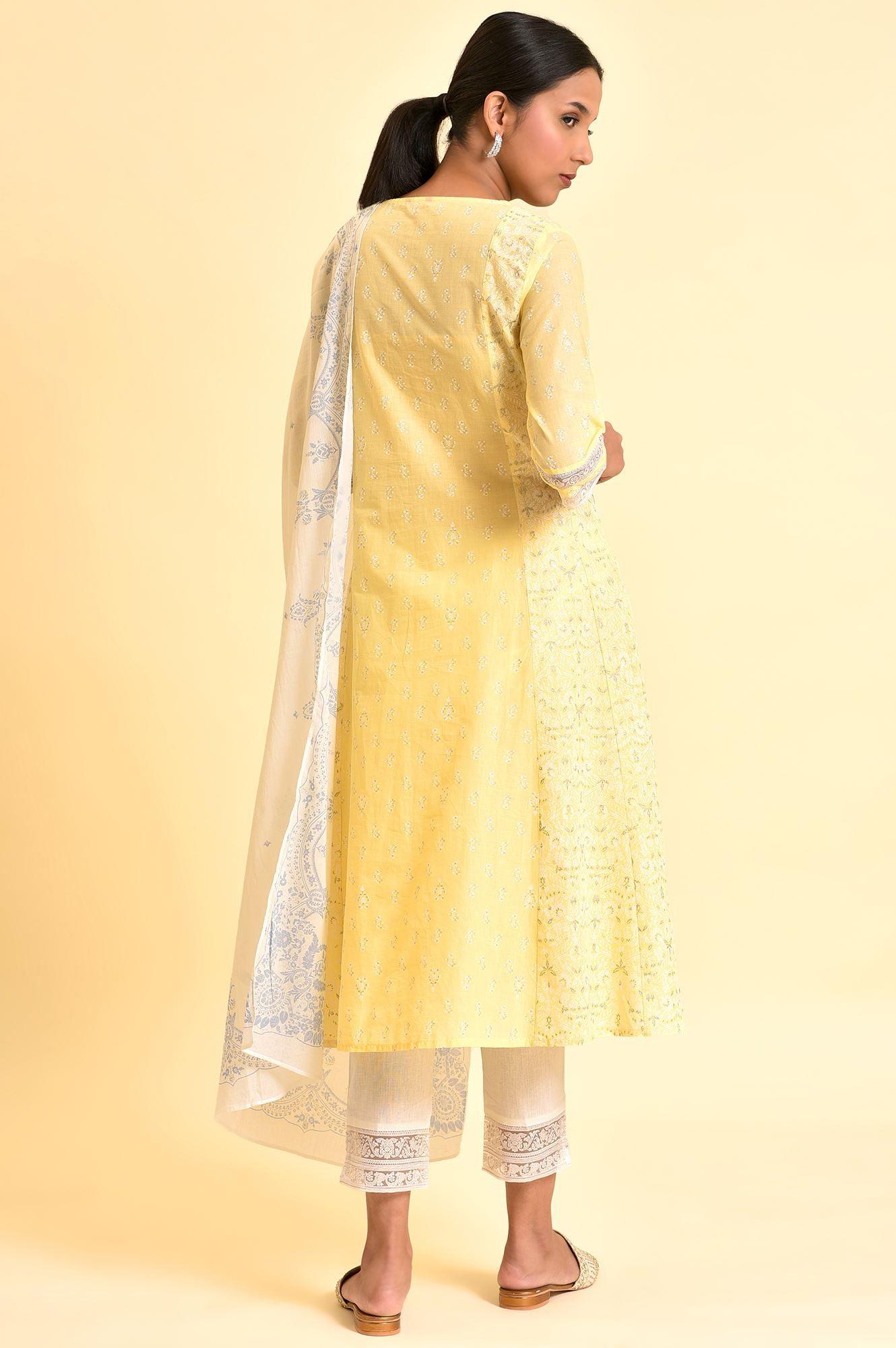 Yellow A-Line Embroidered Kurta, Pants And Dupatta Set - Image 3