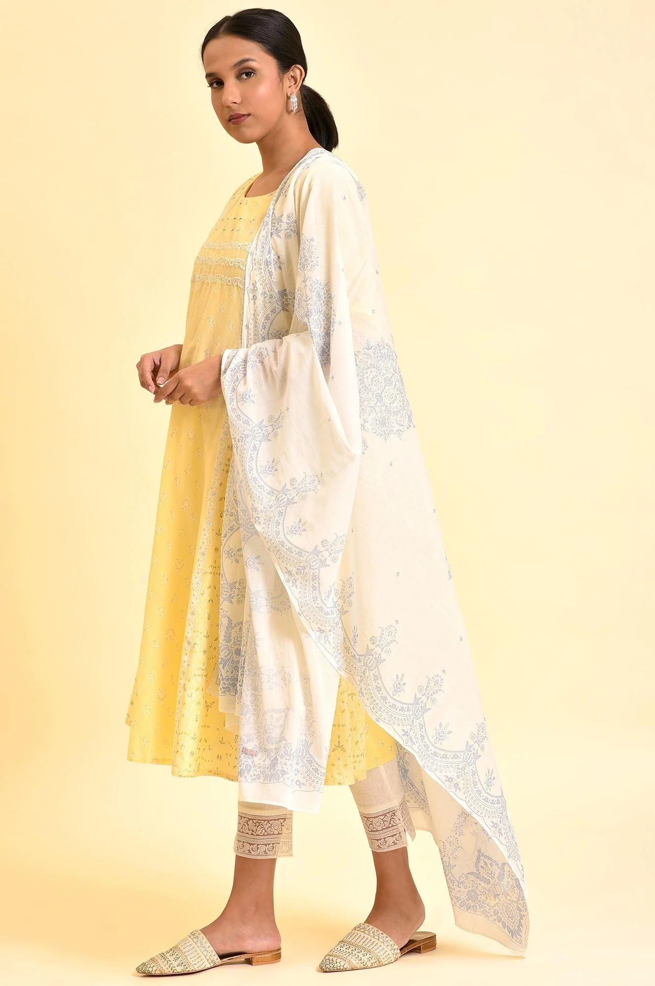 Yellow A-Line Embroidered Kurta, Pants And Dupatta Set - Image 4