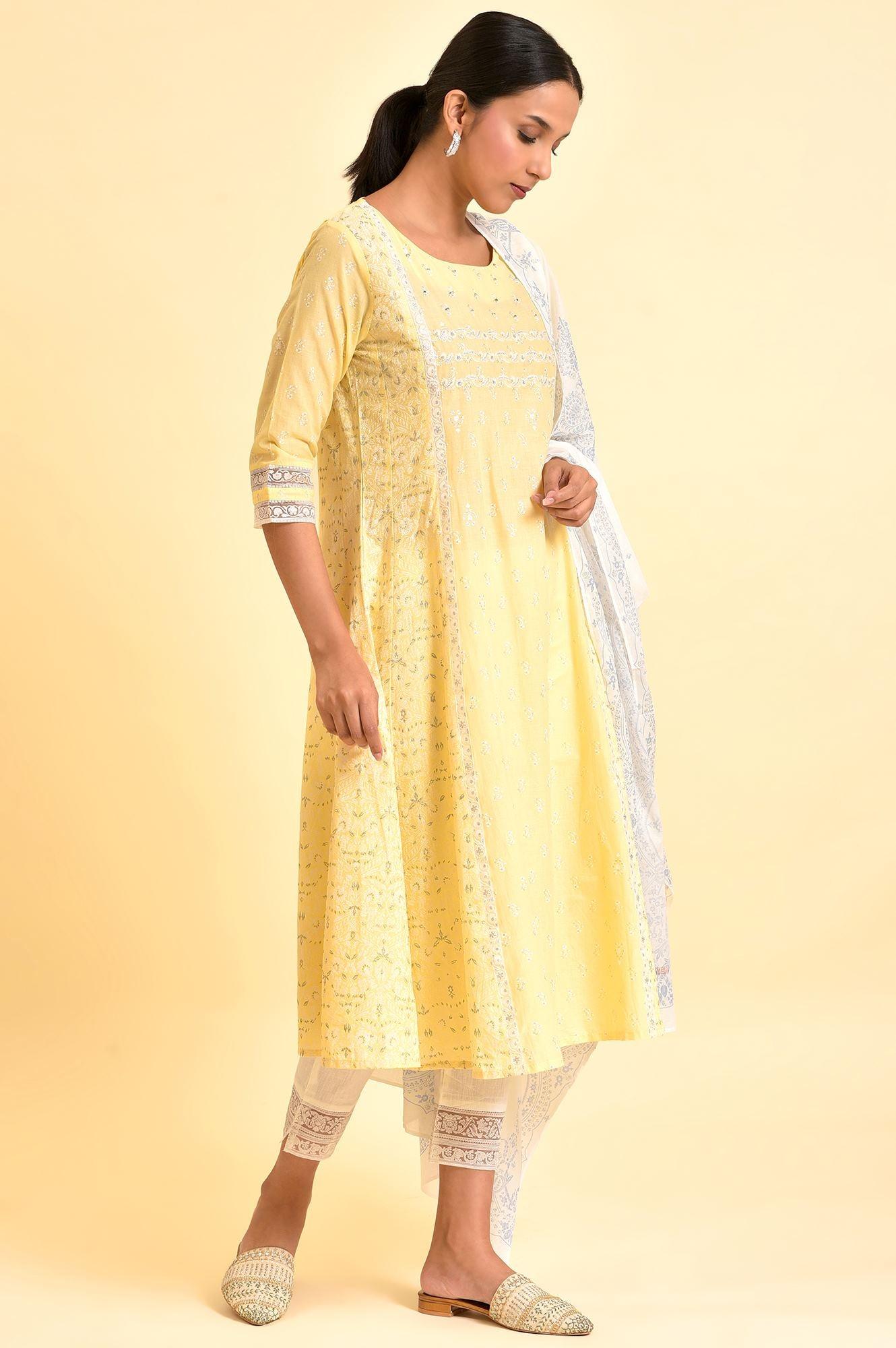 Yellow A-Line Embroidered Kurta, Pants And Dupatta Set - Image 5