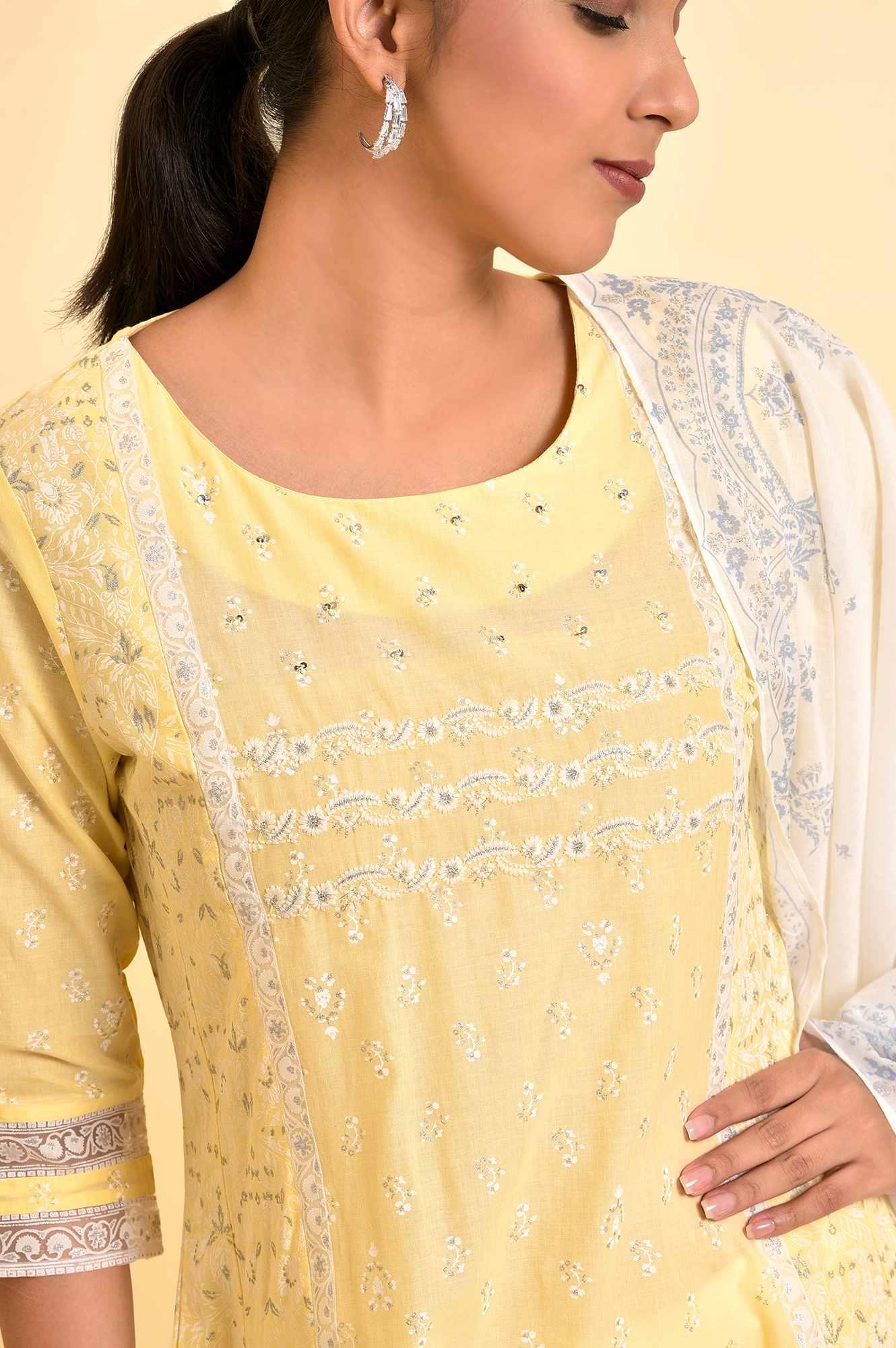 Yellow A-Line Embroidered Kurta, Pants And Dupatta Set - Image 6