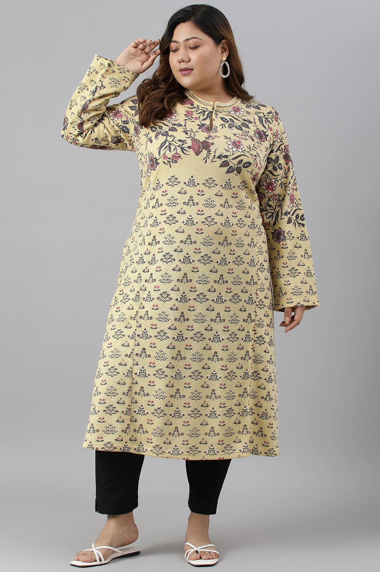 Yellow A-Line Placement Print Plus Size Winter kurta - Image 6