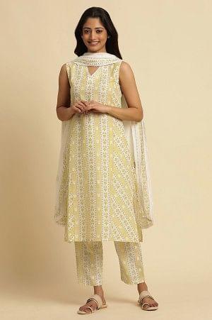 Yellow And Ecru A-Line Printed Kurta, Pants And Dupatta Set - Image 2