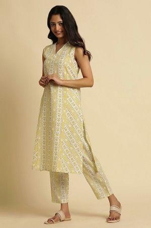 Yellow And Ecru A-Line Printed Kurta, Pants And Dupatta Set - Image 3