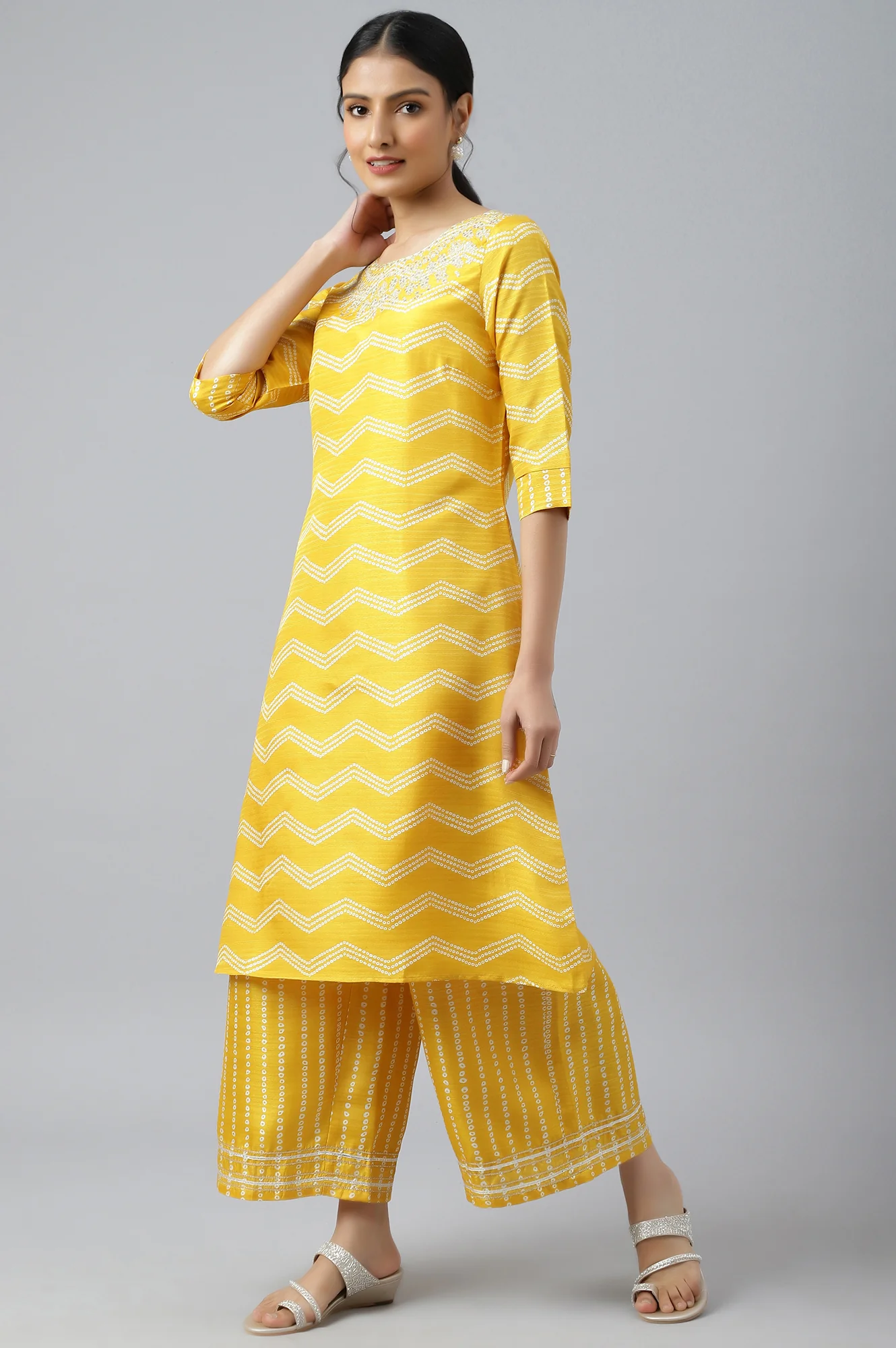 Yellow Bandhani Printed Straight Kurta with Parallel Pants and Dupatta Set - Image 3
