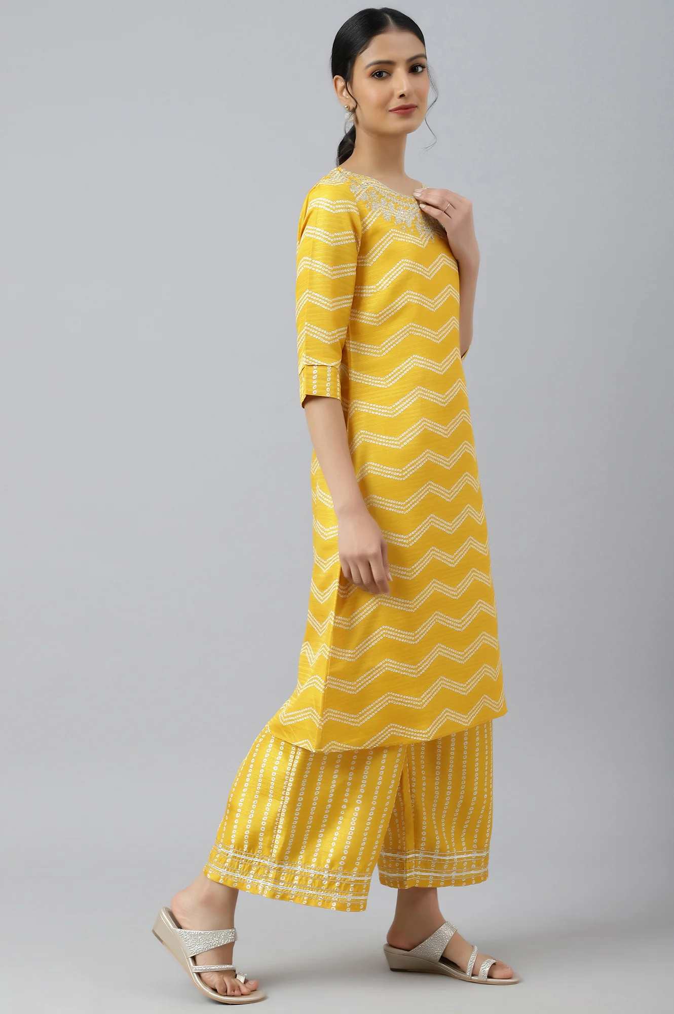Yellow Bandhani Printed Straight Kurta with Parallel Pants and Dupatta Set - Image 4