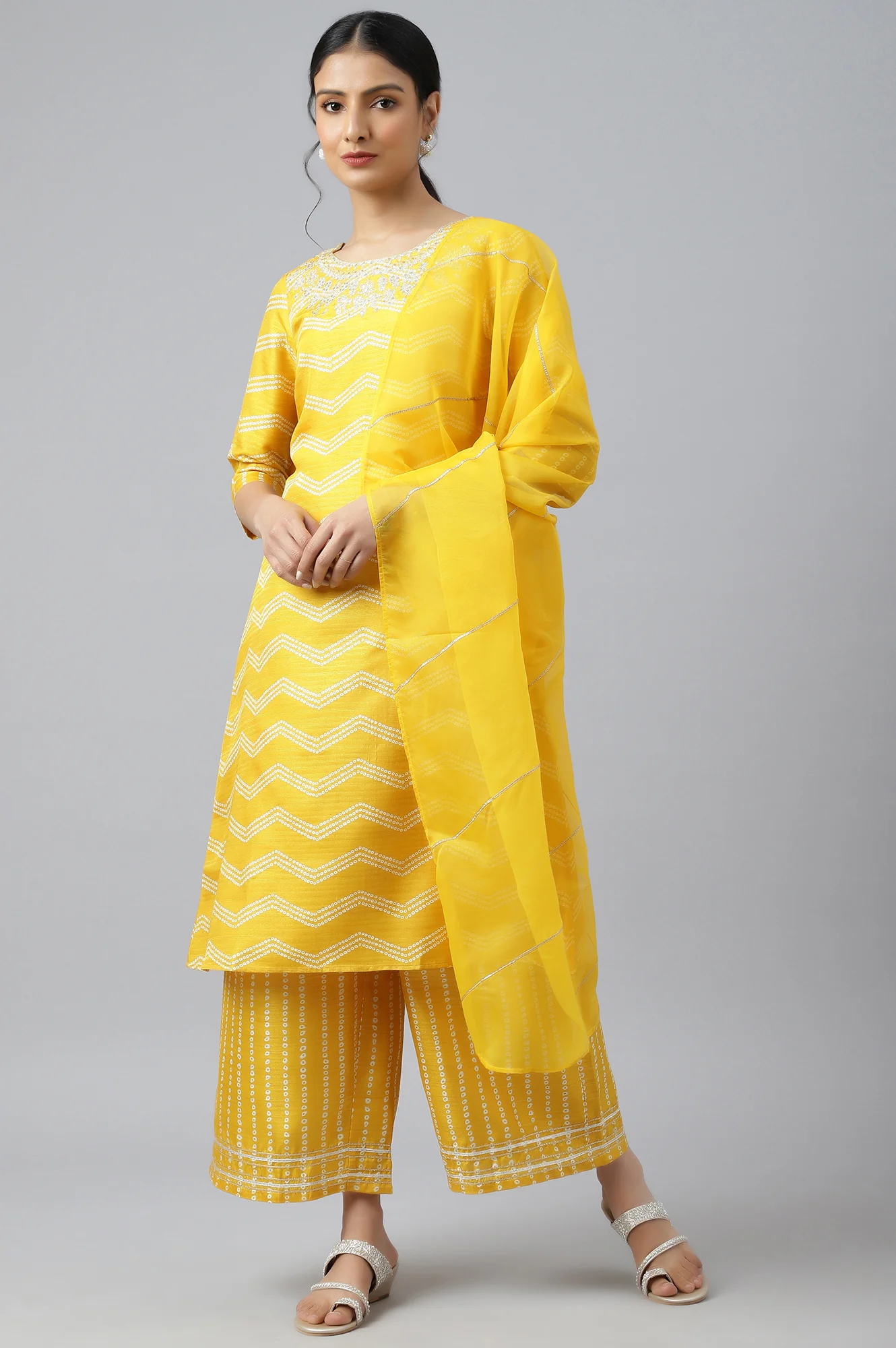 Yellow Bandhani Printed Straight Kurta with Parallel Pants and Dupatta Set - Image 6
