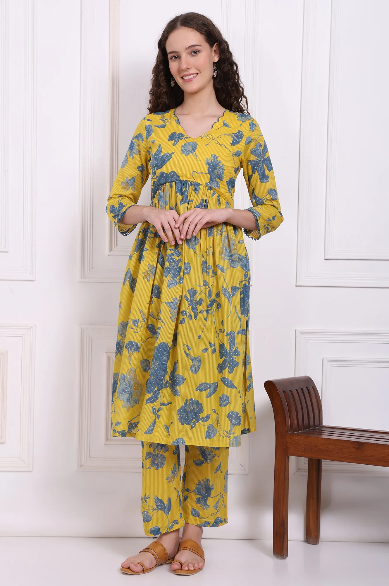 Yellow Bold Floral Printed Pure Cotton Flared Kurta and Pants Co-ord Set - Image 2