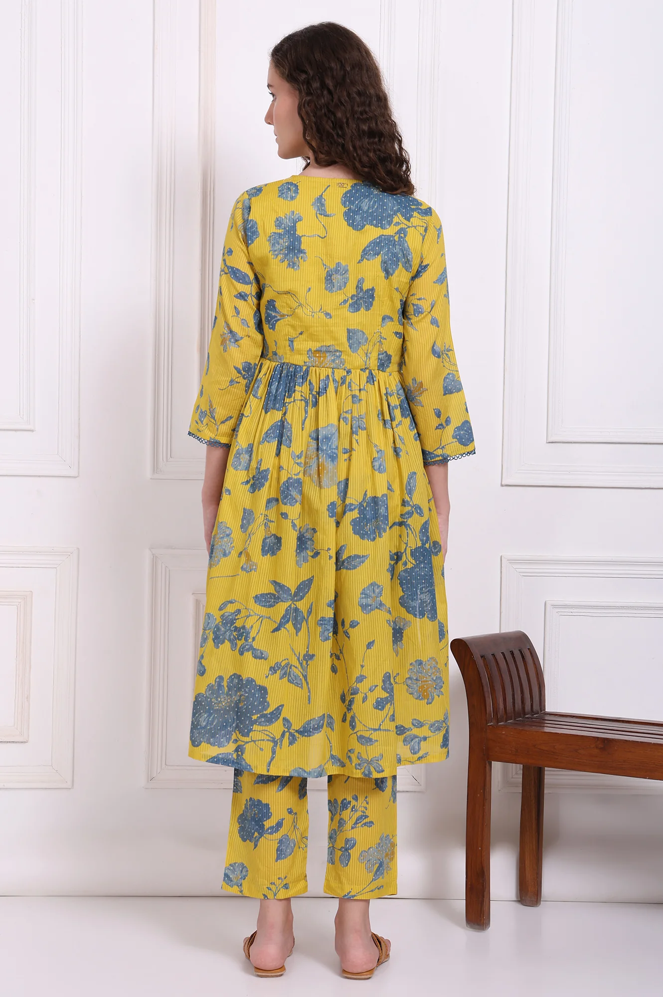Yellow Bold Floral Printed Pure Cotton Flared Kurta and Pants Co-ord Set - Image 5