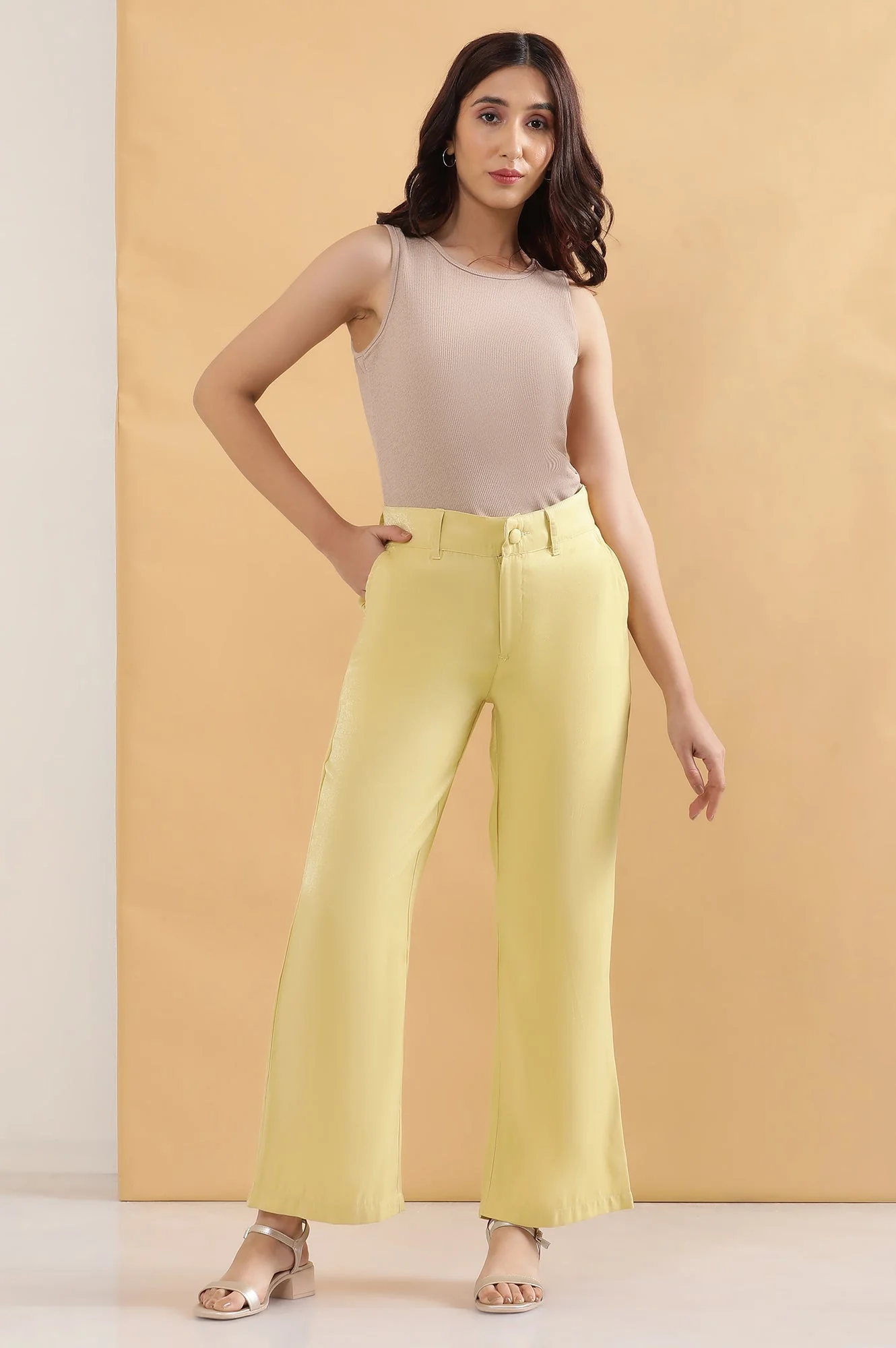 Elleven Women's Yellow Solid Straight Fit Woven Pants With Elasticated Back