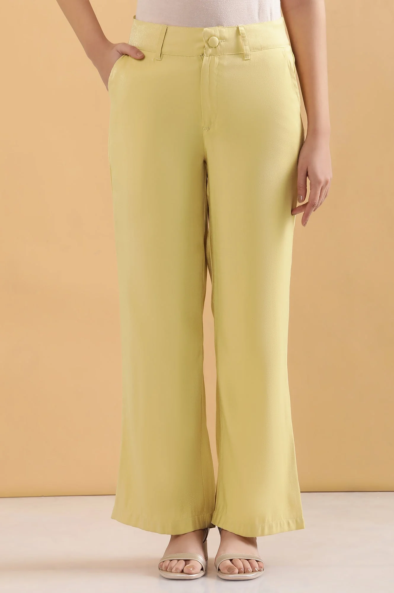 Elleven Women's Yellow Solid Straight Fit Woven Pants With Elasticated Back - Image 2