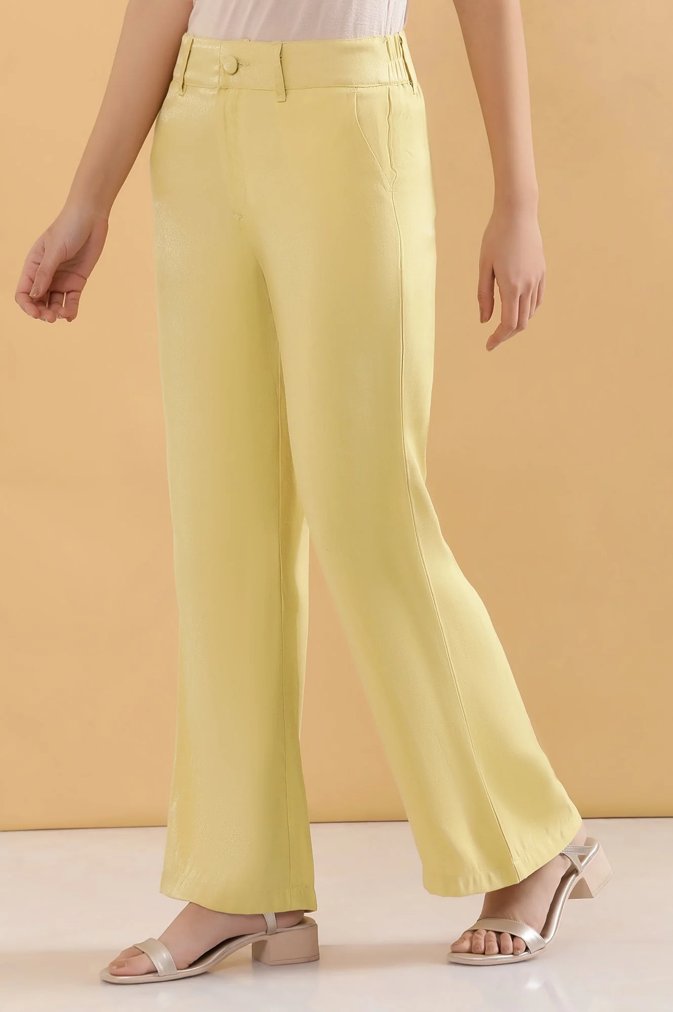Elleven Women's Yellow Solid Straight Fit Woven Pants With Elasticated Back - Image 3