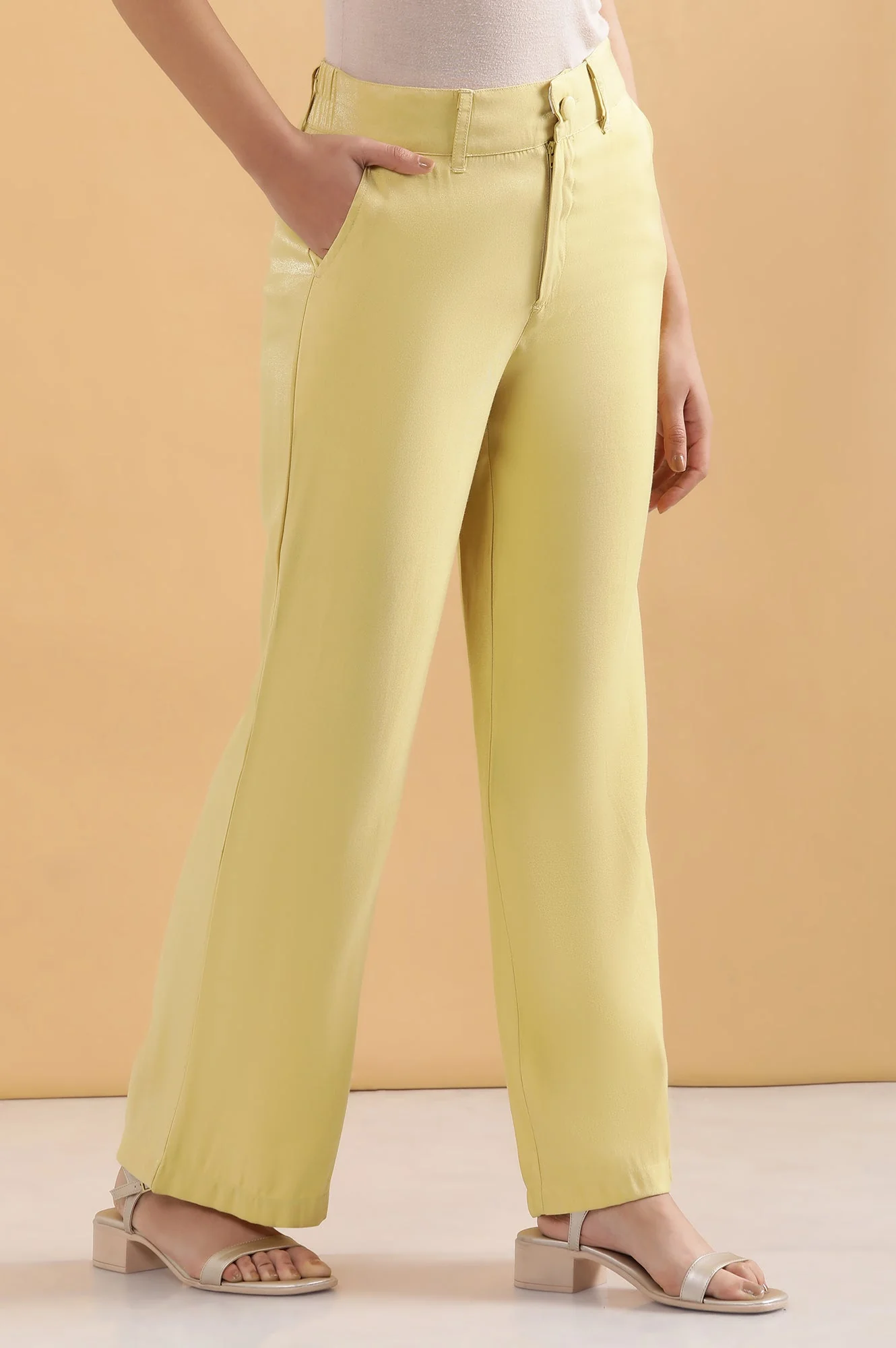 Elleven Women's Yellow Solid Straight Fit Woven Pants With Elasticated Back - Image 5