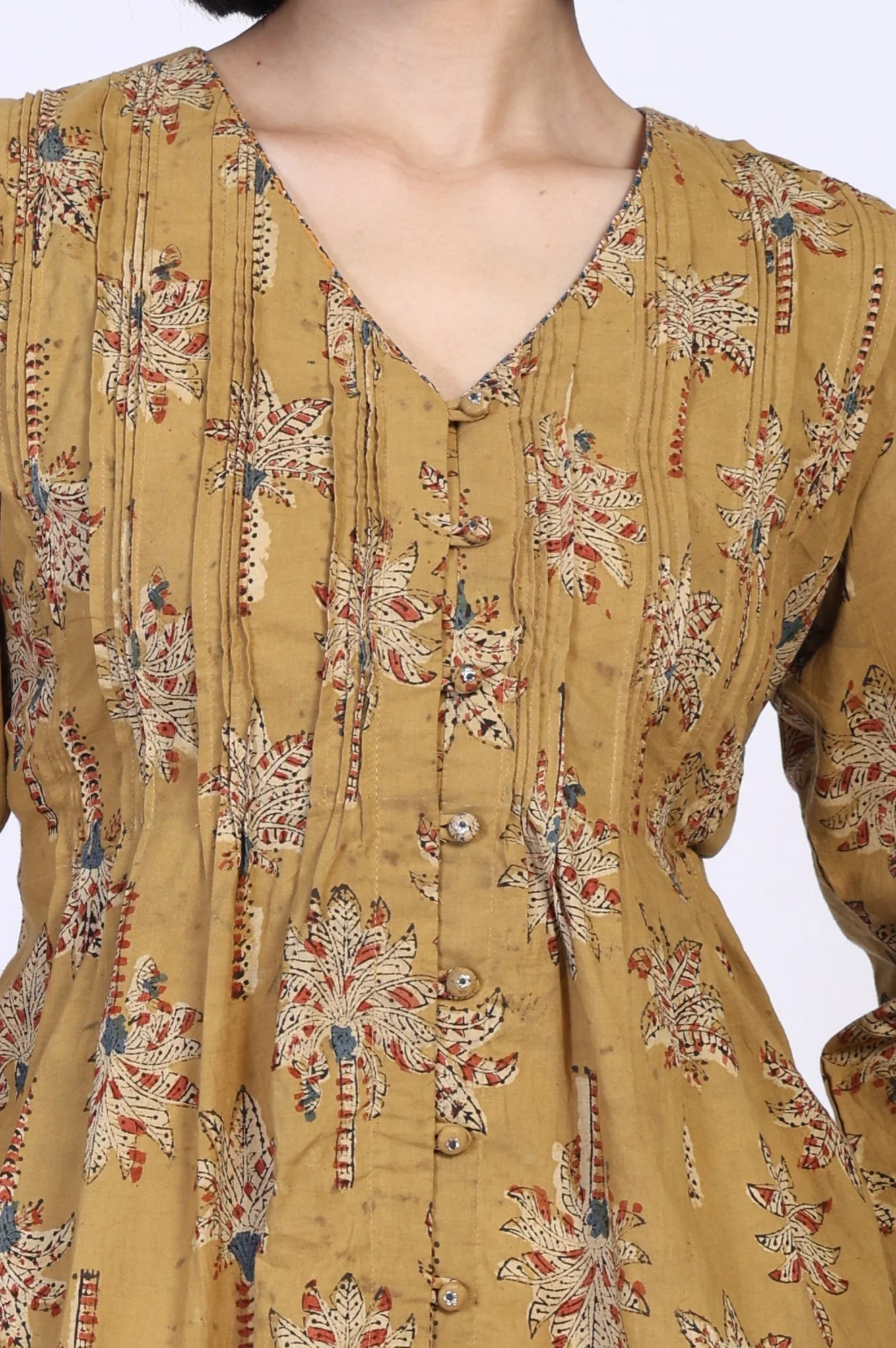 Yellow Botanical Kalamkari Print Mirror Work Straight Cotton Top - Image 3