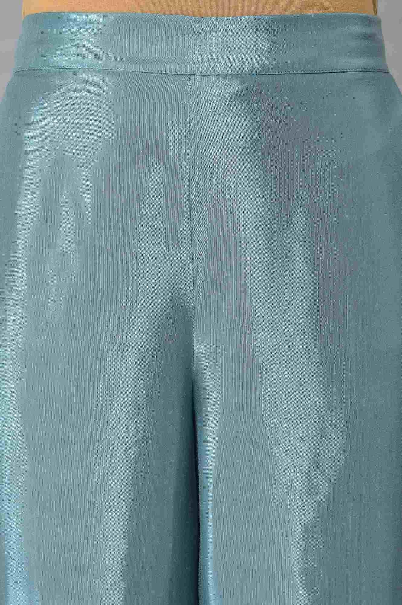 Yellow Button Down A-Line kurta With Blue Parallel Pants And Chanderi Dupatta - Image 6