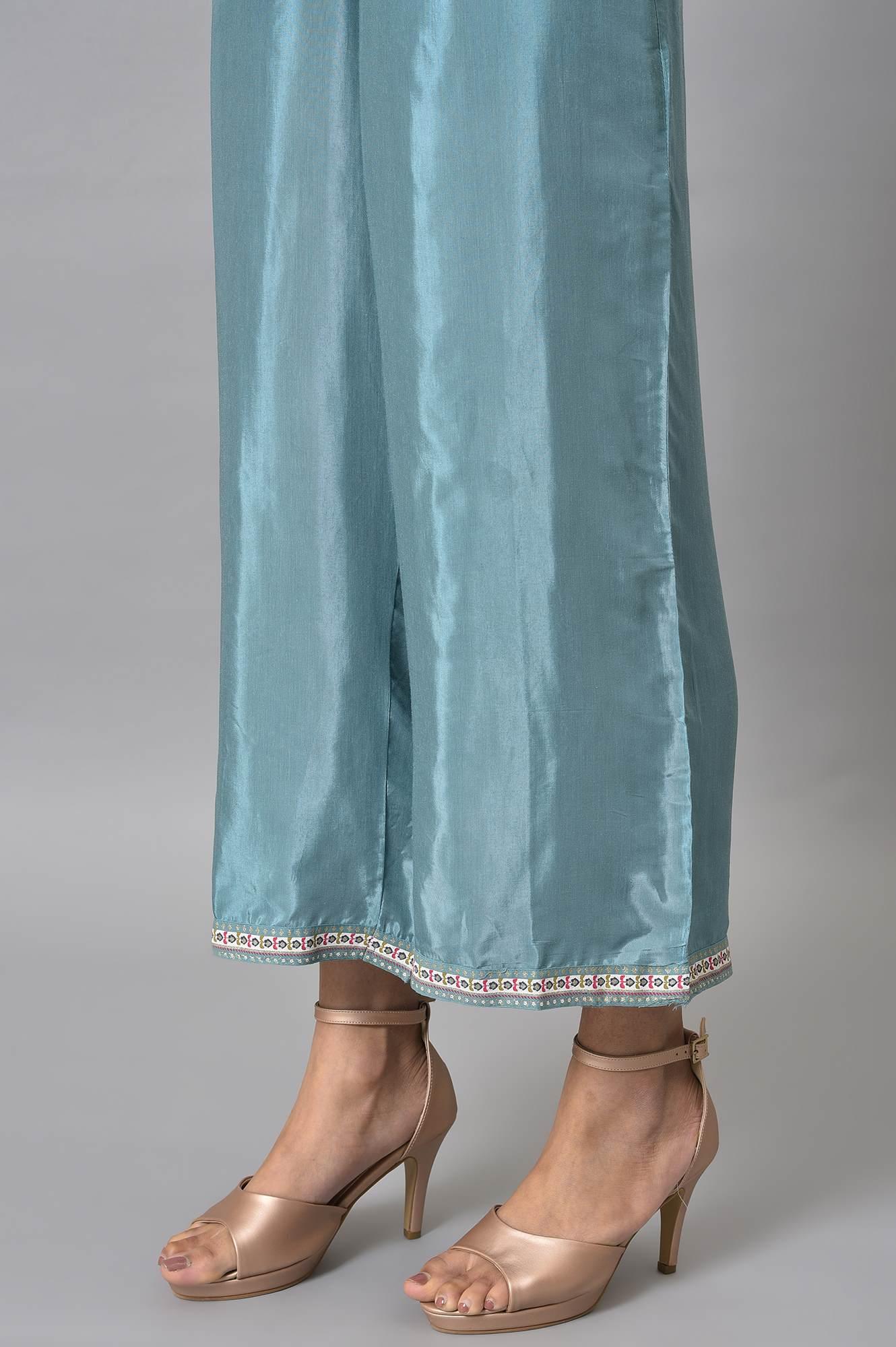 Yellow Button Down A-Line kurta With Blue Parallel Pants And Chanderi Dupatta - Image 8