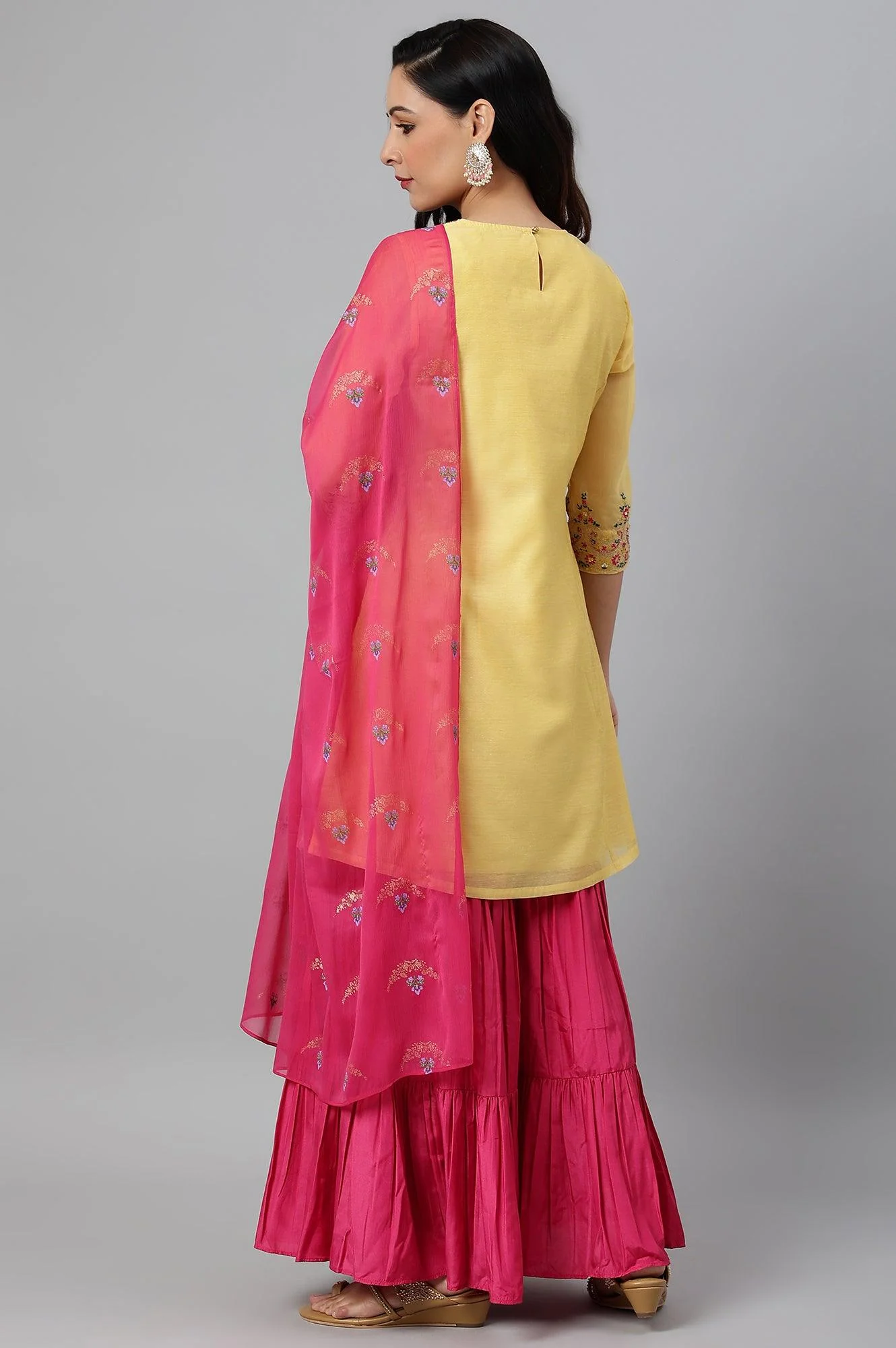 Yellow Chanderi kurta With Tiered Sharara And Dupatta - Image 6