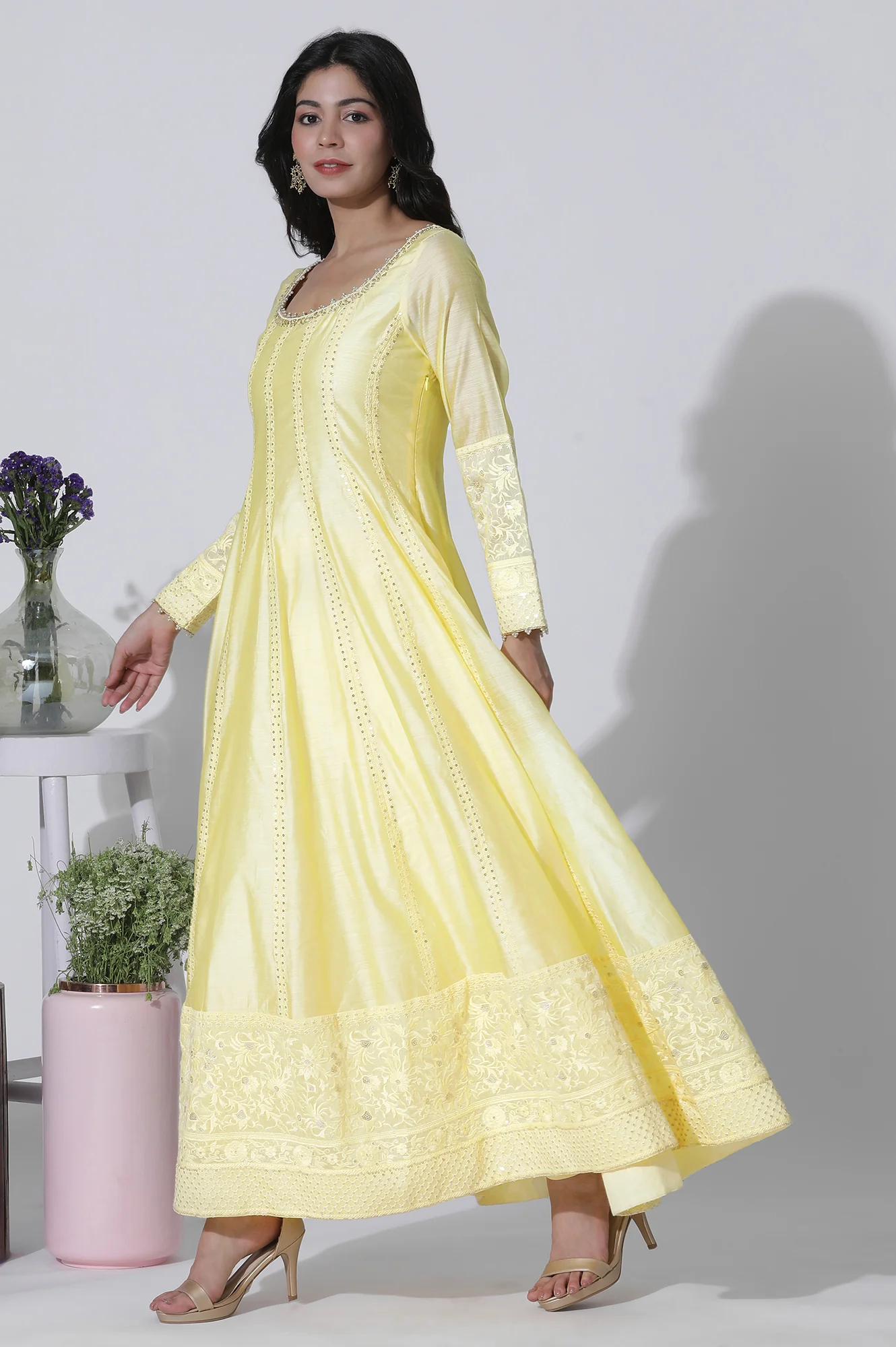 Yellow Chanderi Panelled Thread Work Anarkali Kurta, Churidar and Dupatta Set - Image 3