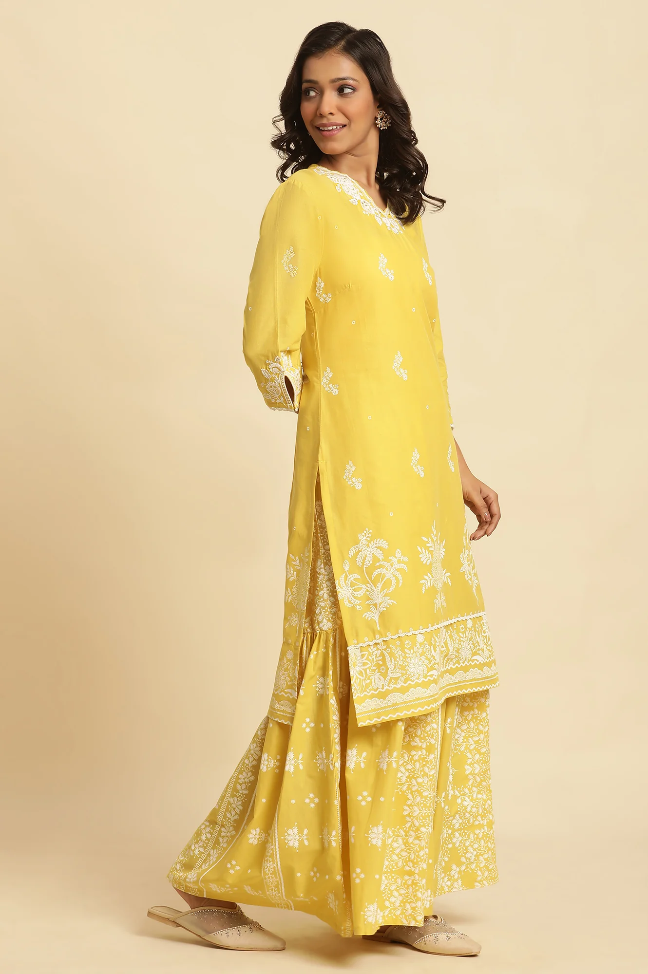 Yellow Chikankari Embroidered Kurta, Sharara And Dupatta Set - Image 5
