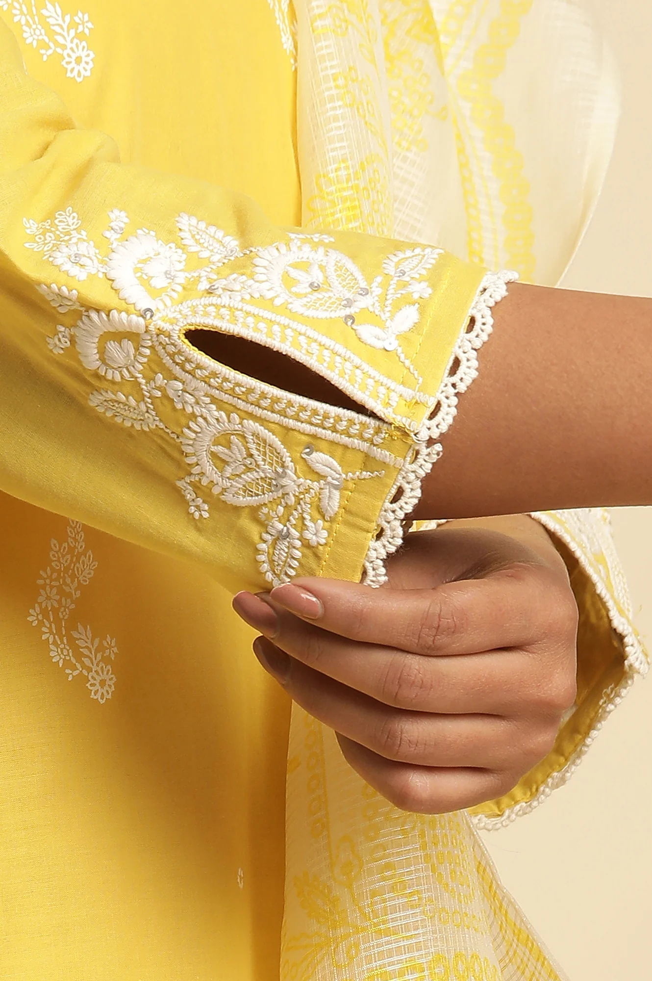 Yellow Chikankari Embroidered Kurta, Sharara And Dupatta Set - Image 7