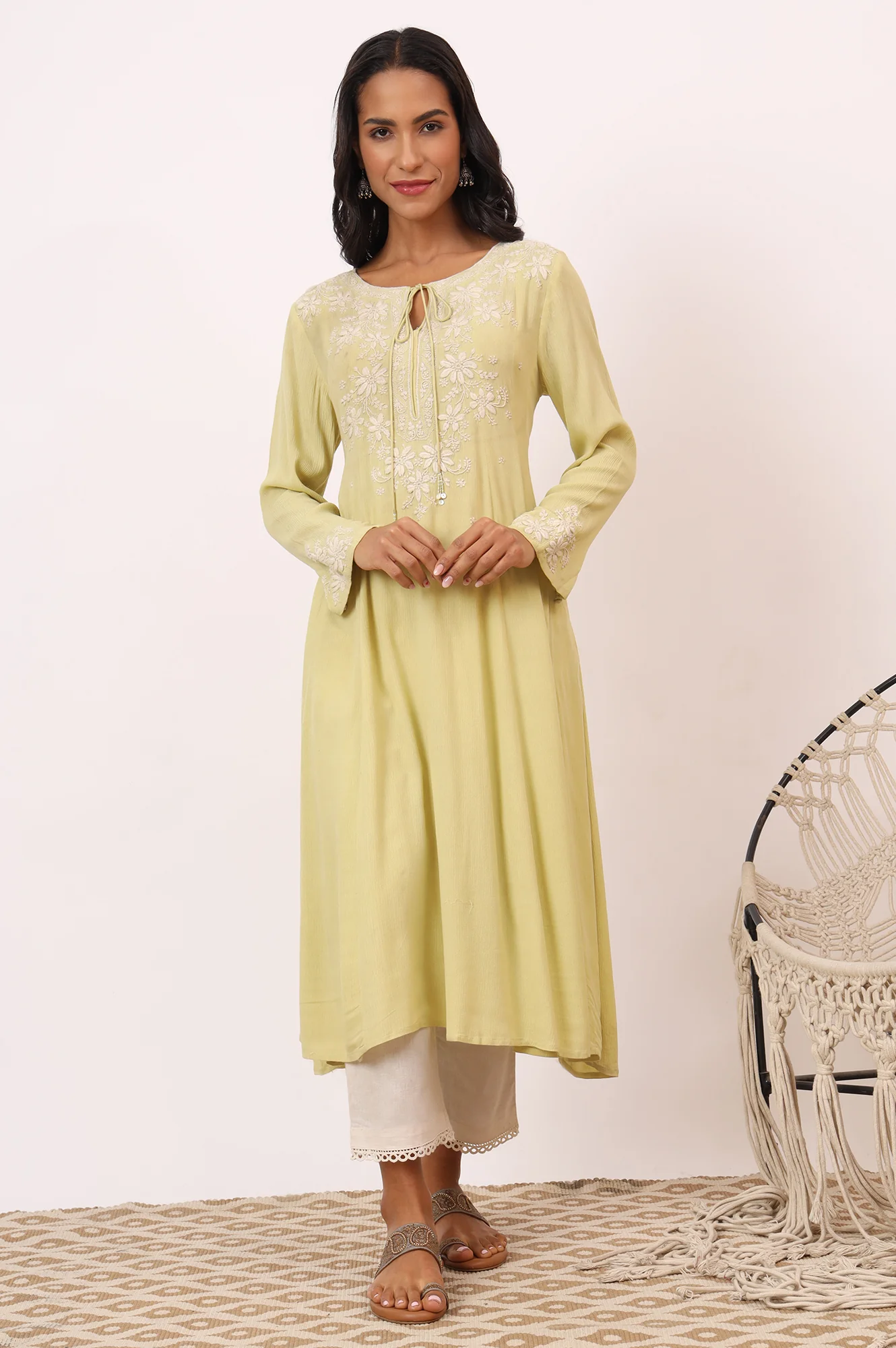 Yellow Chikankari Kurta in Fluid Rayon Crepe - Image 3