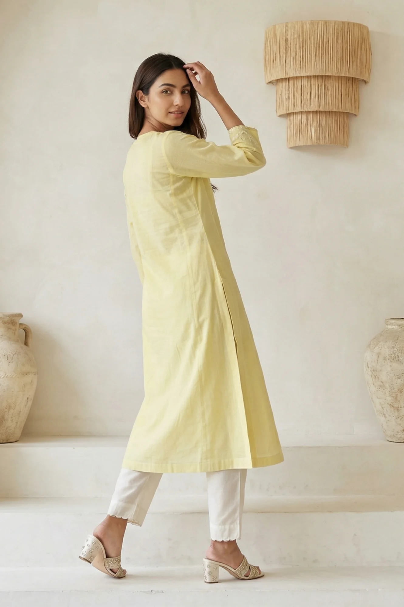 Yellow Chikankari Pure Cotton Straight Kurta - Image 5