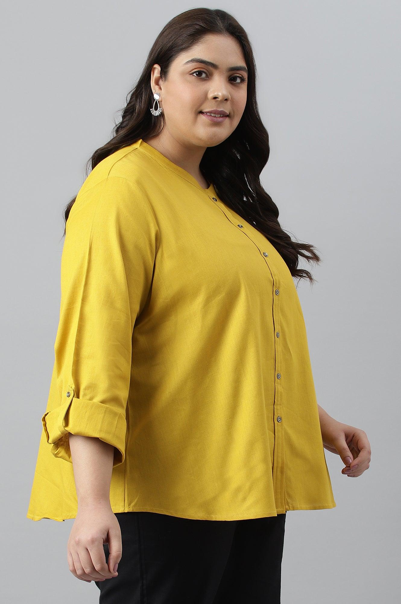 Yellow Cotton Flax Button Down Western Plus Size Top - Image 3