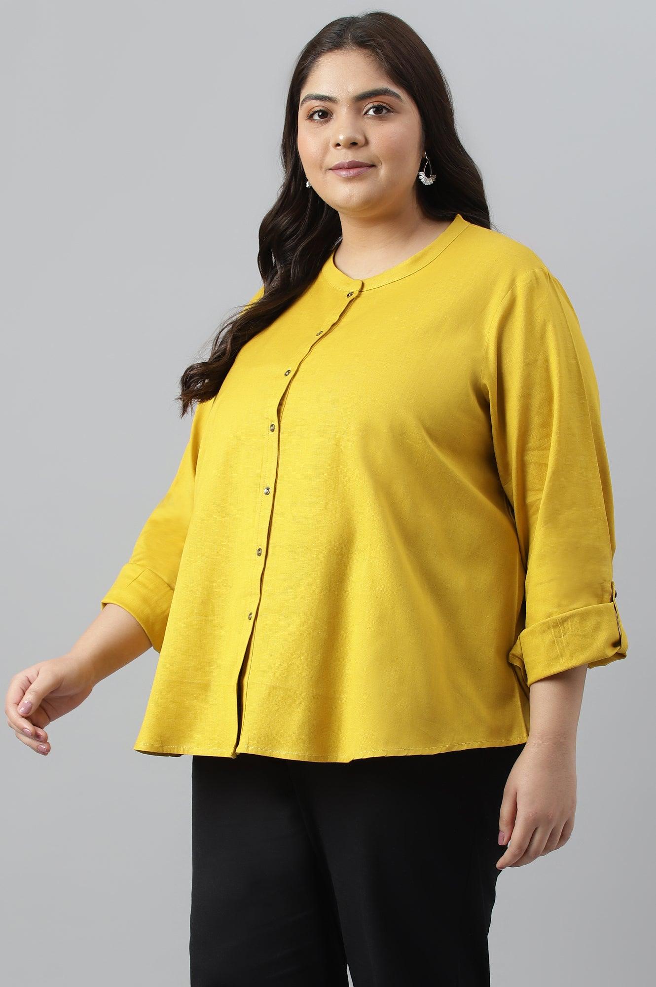 Yellow Cotton Flax Button Down Western Plus Size Top - Image 4