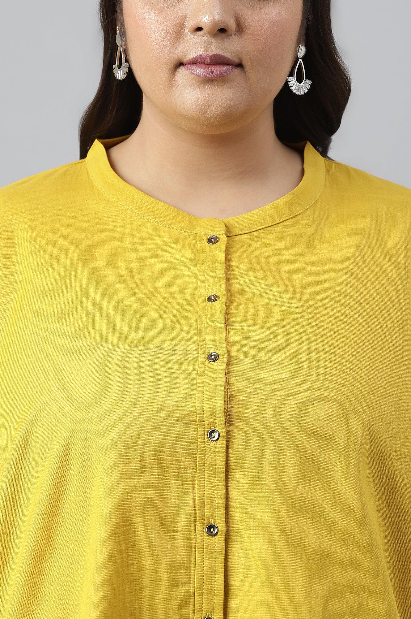 Yellow Cotton Flax Button Down Western Plus Size Top - Image 5