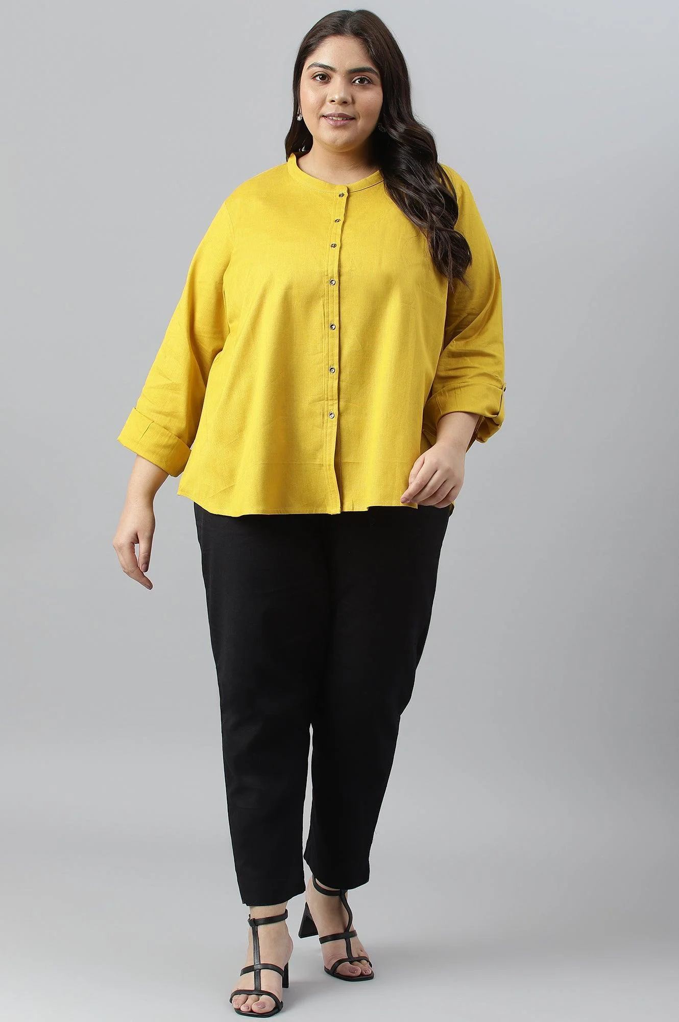 Yellow Cotton Flax Button Down Western Plus Size Top - Image 6