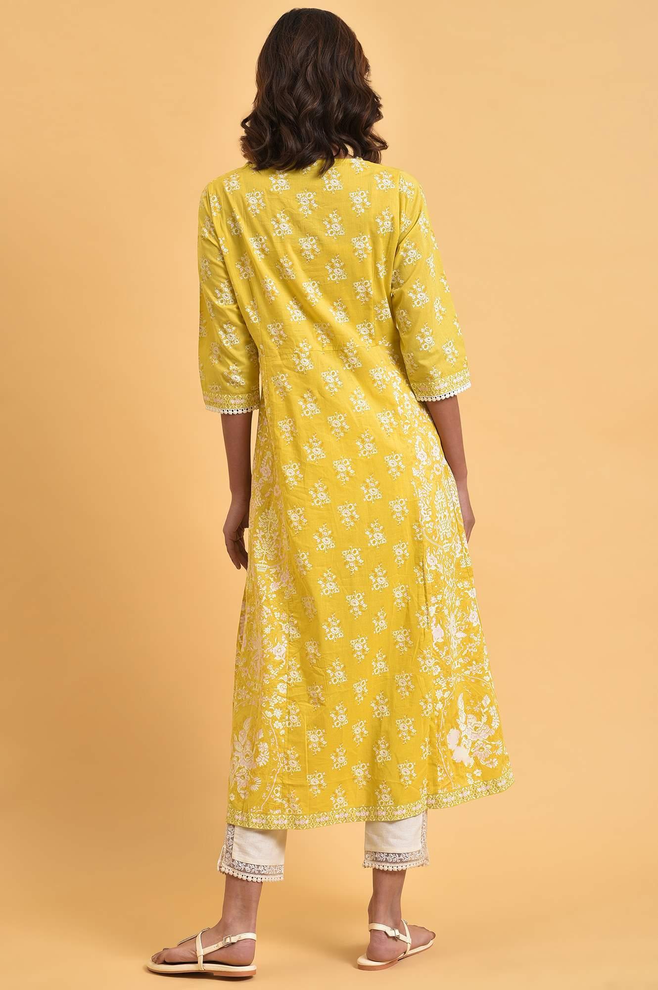 Yellow Cotton Floral Printed Flared Plus Size kurta - Image 2
