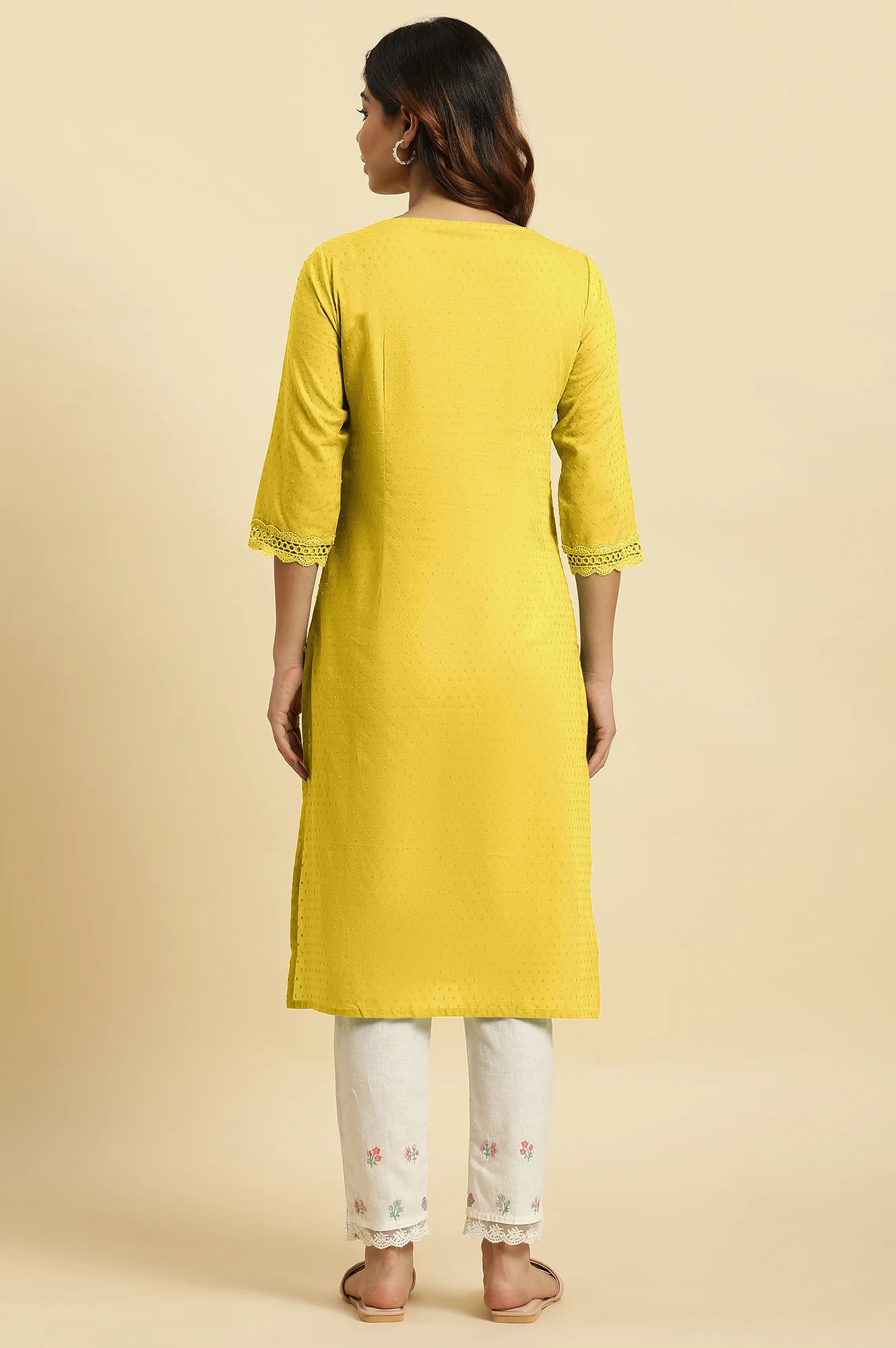Yellow Cotton Swiss Dot Embroidered Kurta - Image 4