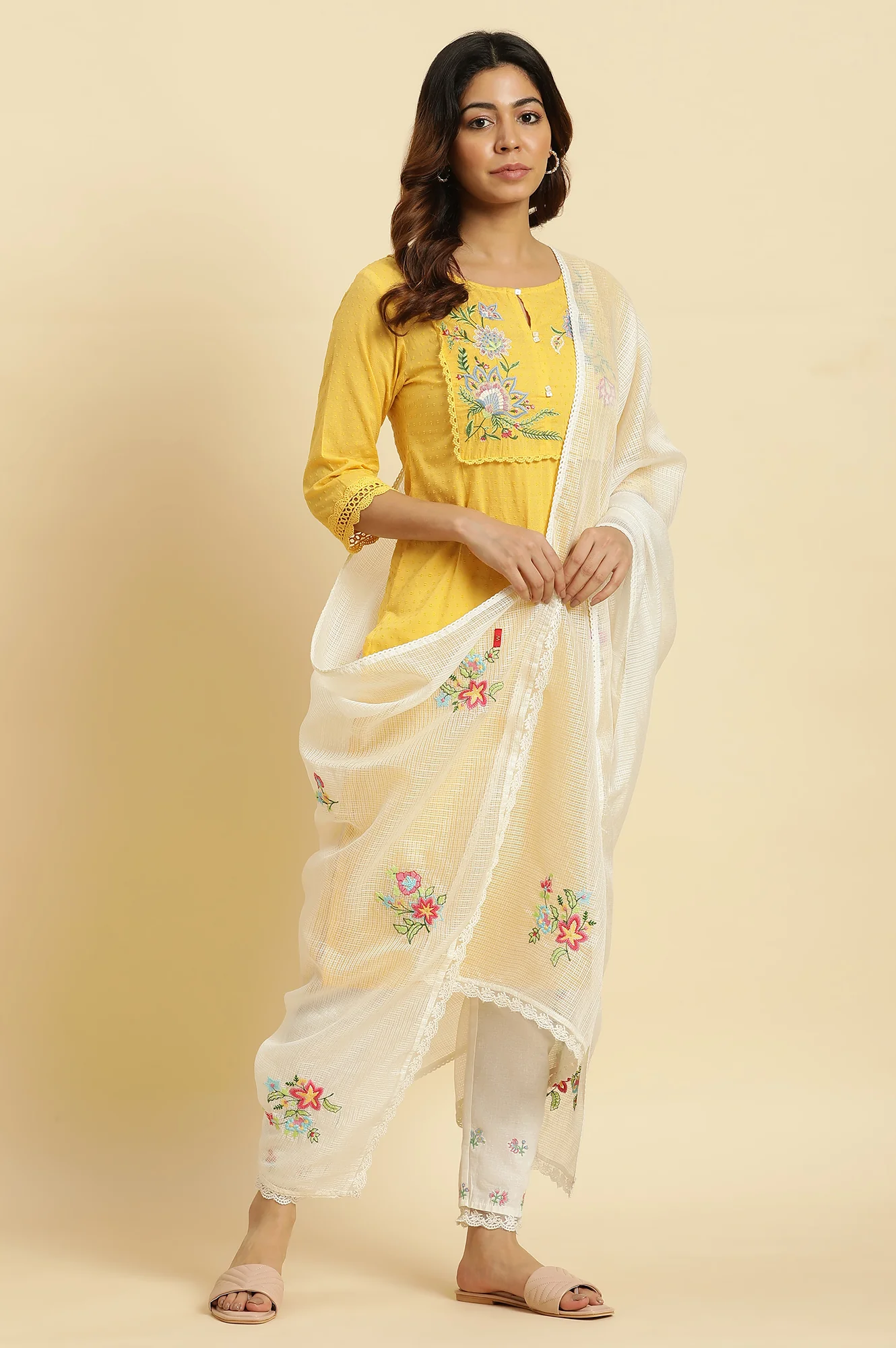 Yellow Cotton Swiss Dot Embroidered Kurta - Image 6