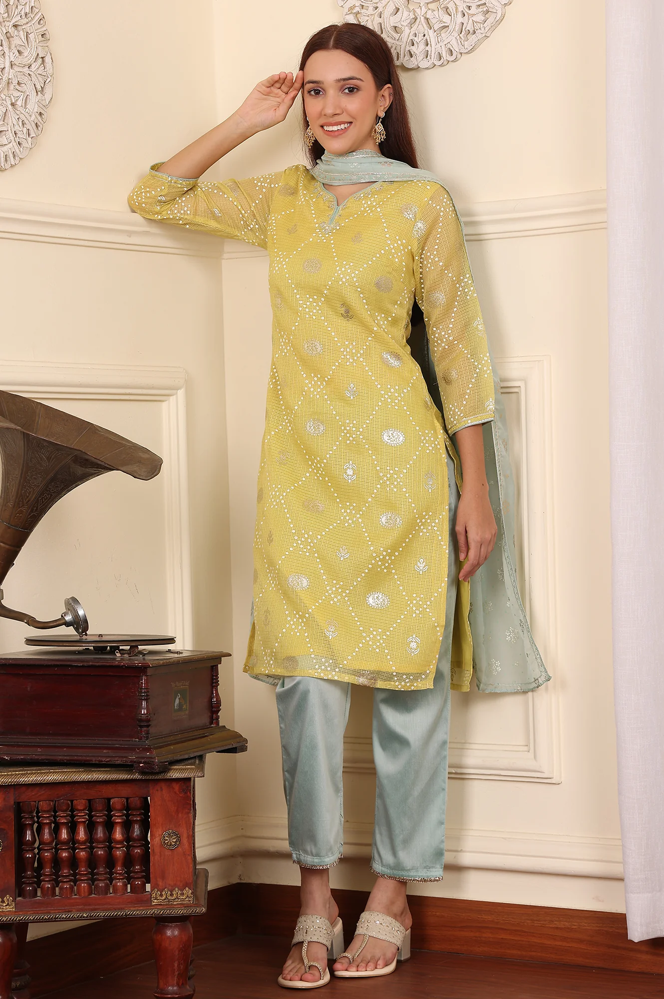 Yellow Digital Printed Embellished Kota Kurta, Blue Pants And Dupatta Set