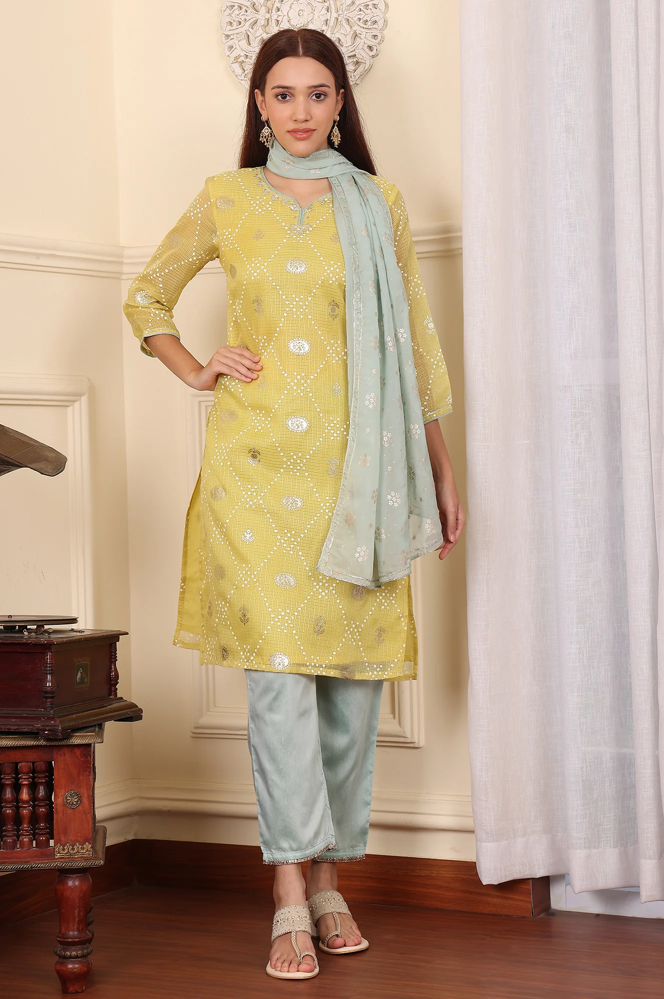 Yellow Digital Printed Embellished Kota Kurta, Blue Pants And Dupatta Set - Image 2
