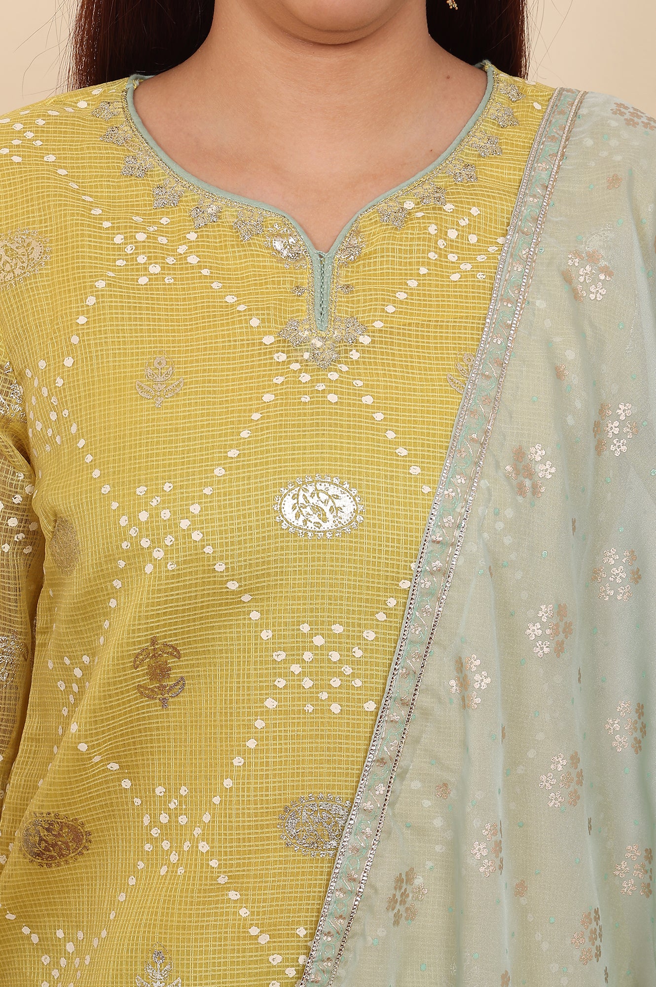 Yellow Digital Printed Embellished Kota Kurta, Blue Pants And Dupatta Set - Image 3