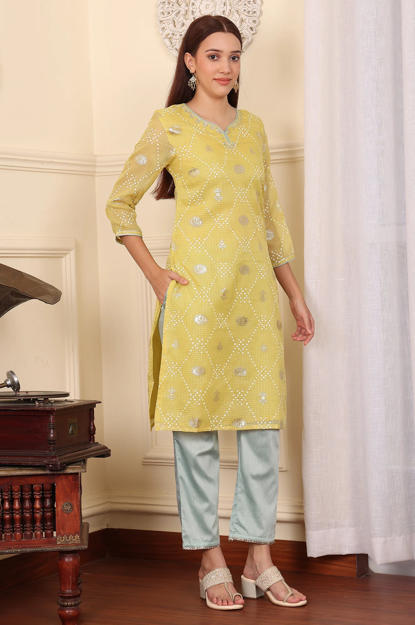 Yellow Digital Printed Embellished Kota Kurta, Blue Pants And Dupatta Set - Image 4