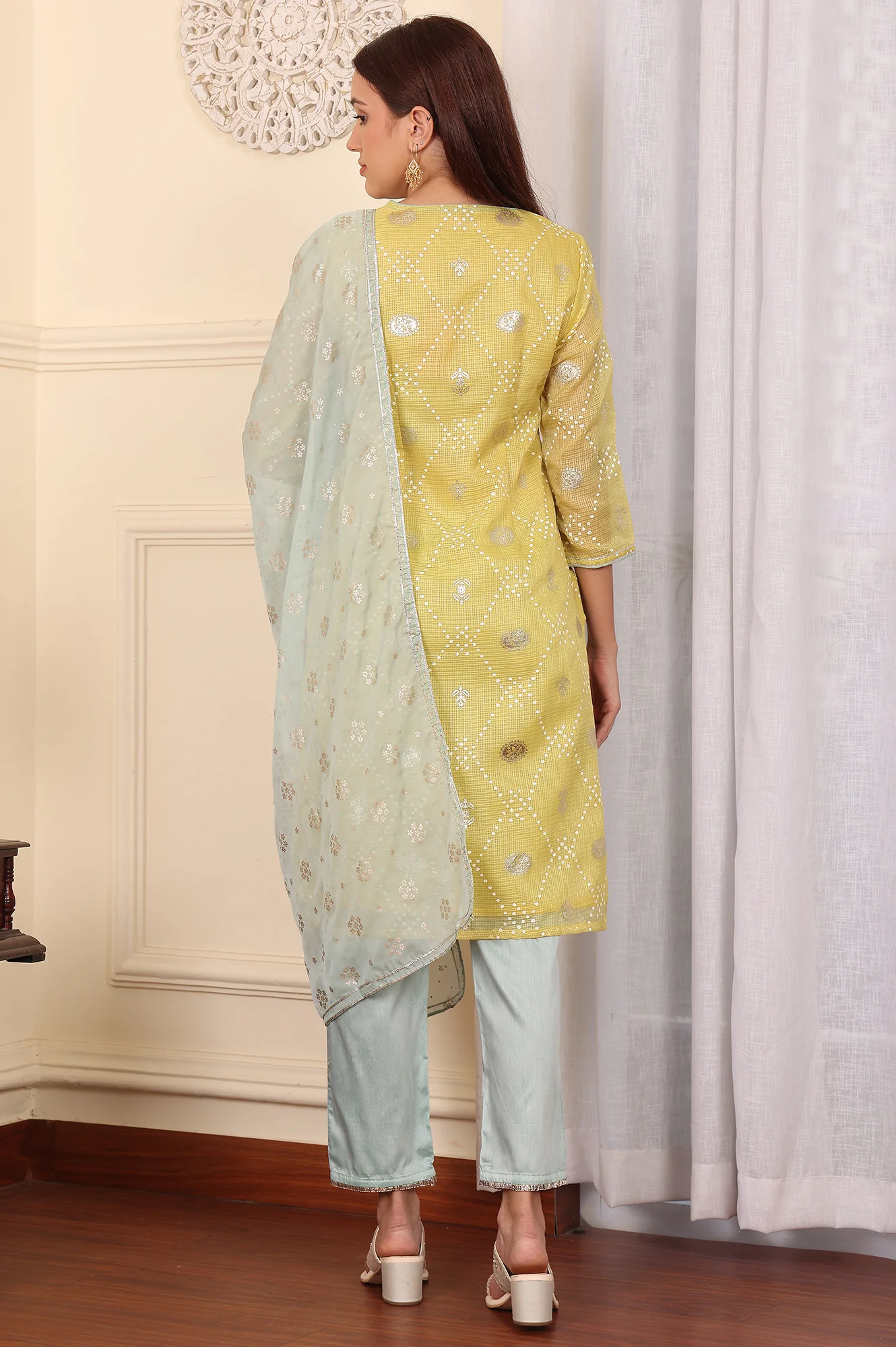 Yellow Digital Printed Embellished Kota Kurta, Blue Pants And Dupatta Set - Image 5
