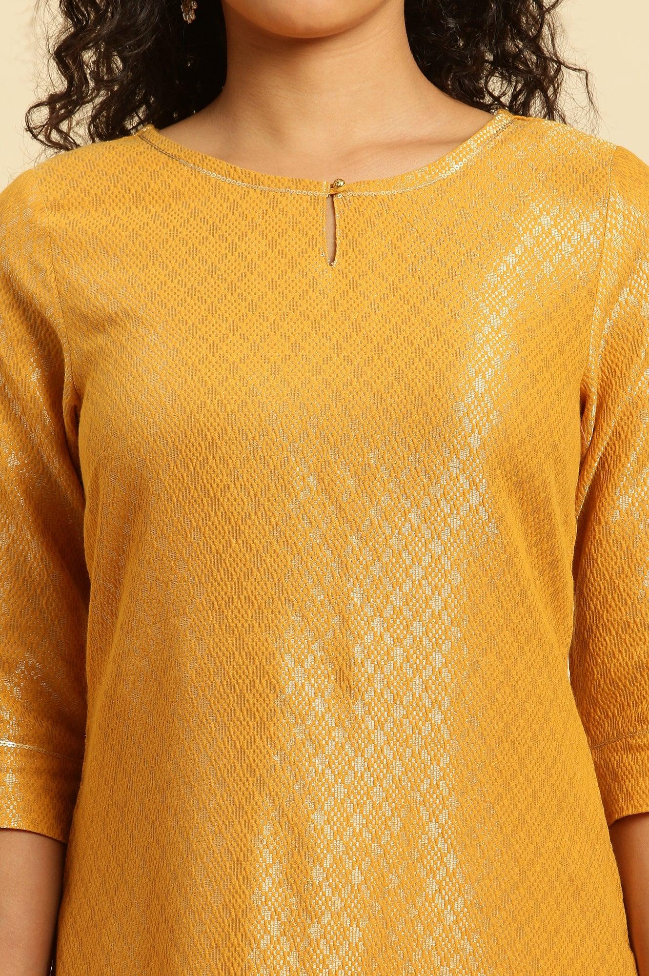 Yellow Dobby Festive Embellished Kurta - Image 6