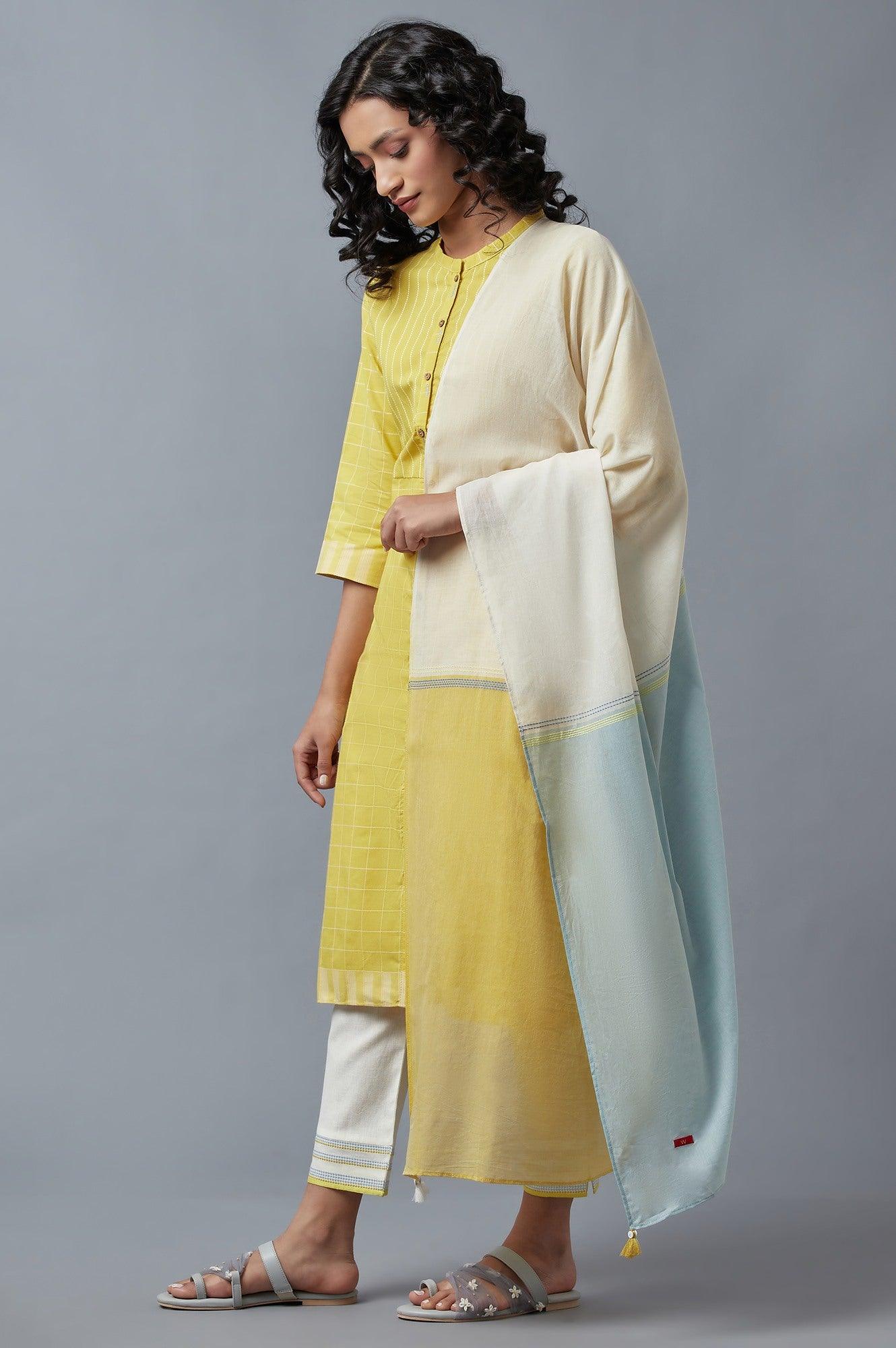 Yellow Dobby Straight kurta With Ecru Slim Pants And Dupatta - Image 3