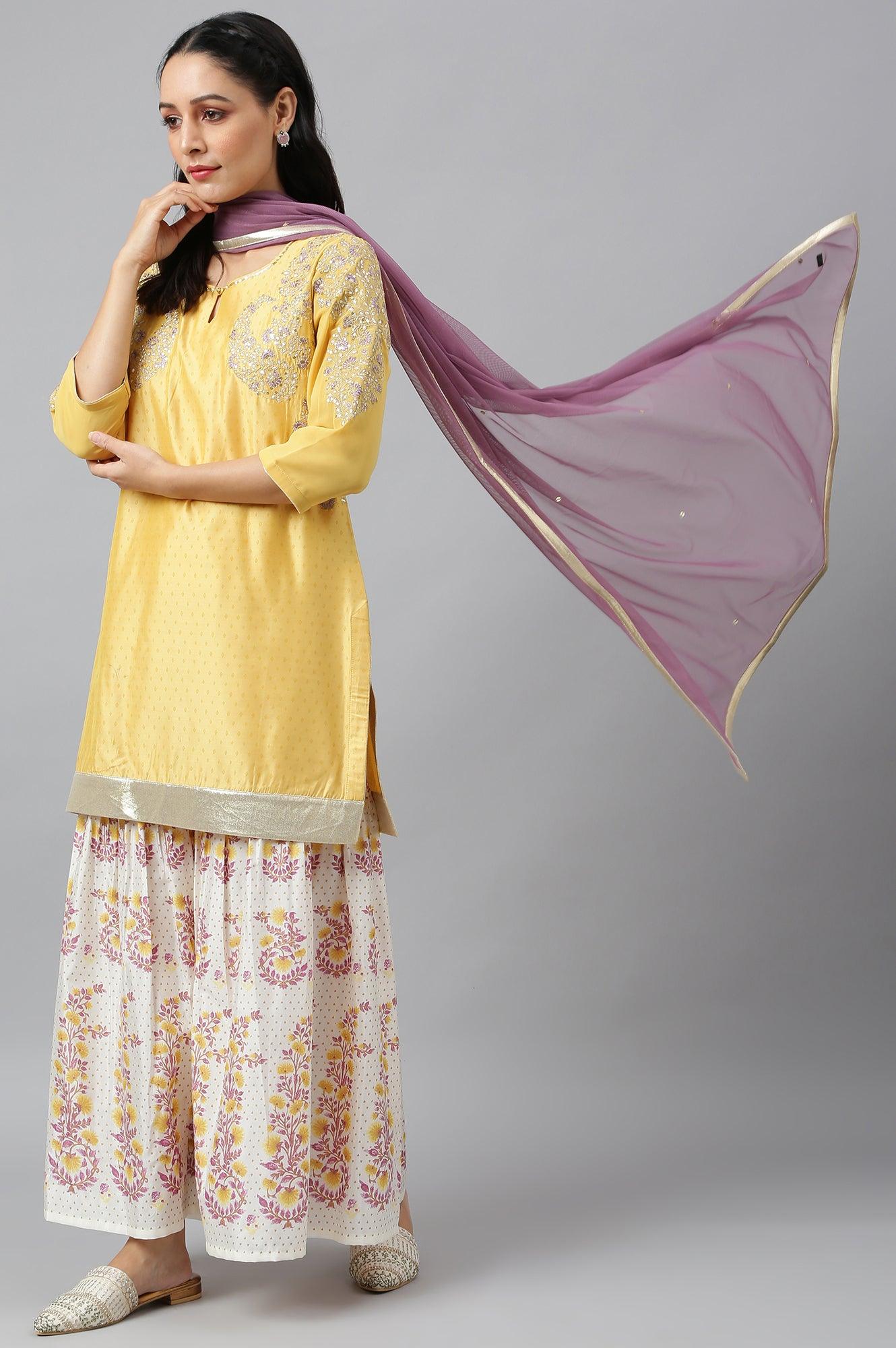 Yellow Dori Embroidered kurta With Ecru Sharara And Dupatta Set - Image 7