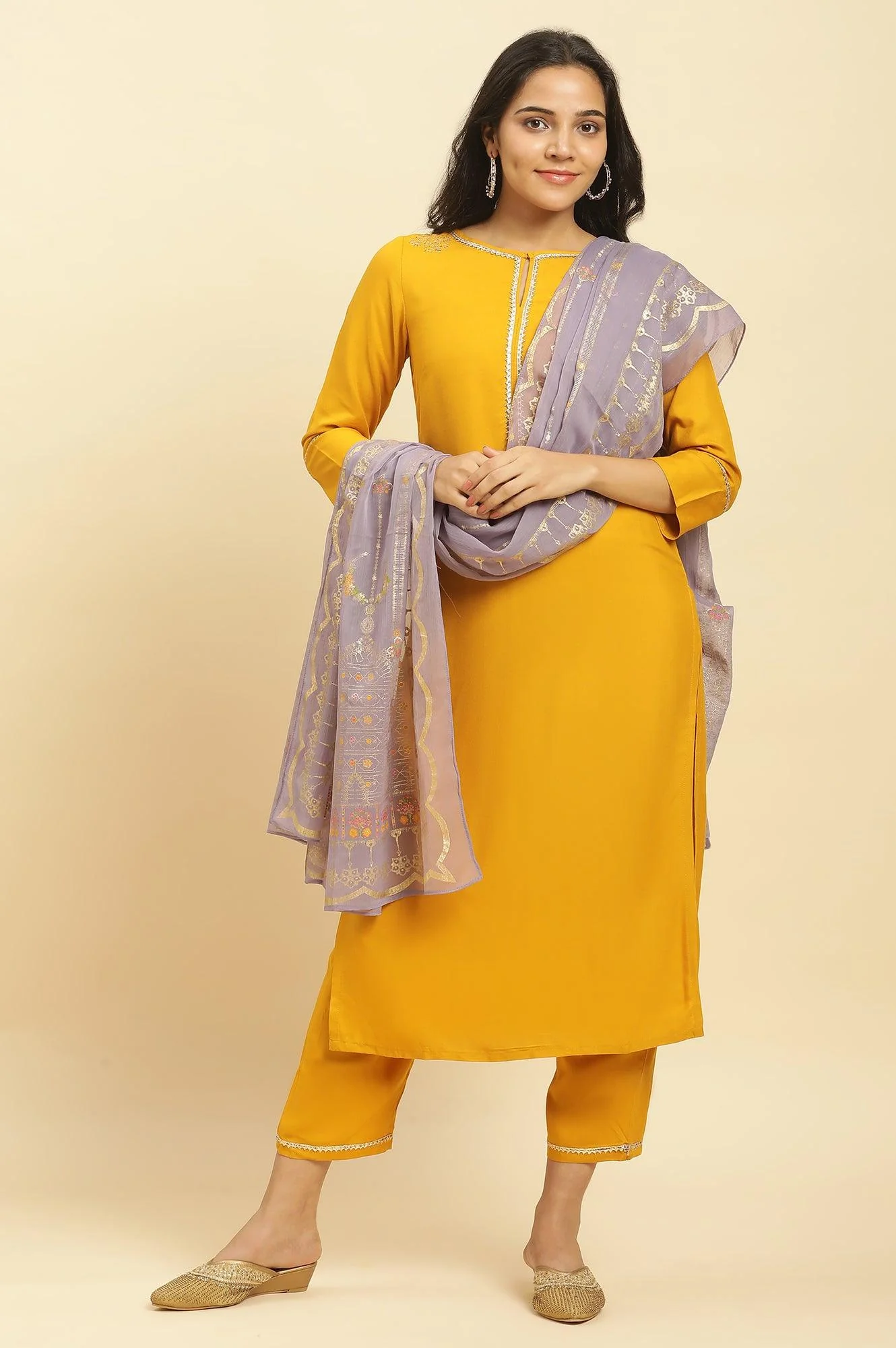 Yellow Embellished Shantung Kurta, Pants And Dupatta Set - Image 2
