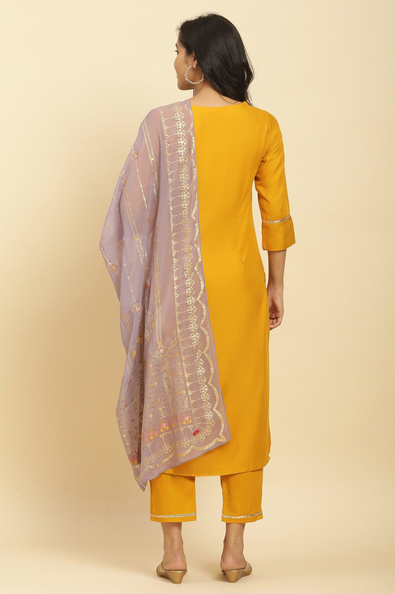 Yellow Embellished Shantung Kurta, Pants And Dupatta Set - Image 4