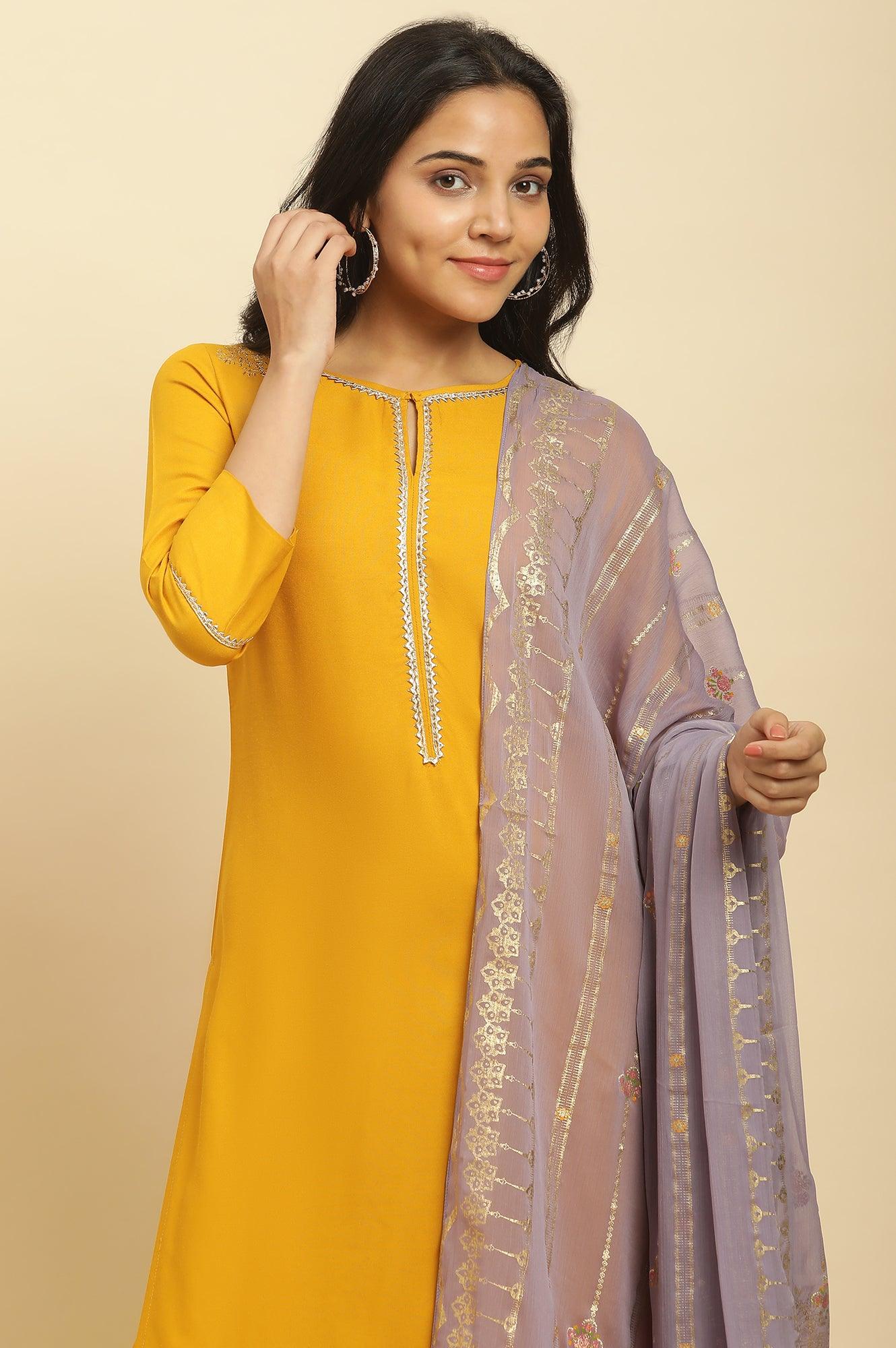 Yellow Embellished Shantung Kurta, Pants And Dupatta Set - Image 6