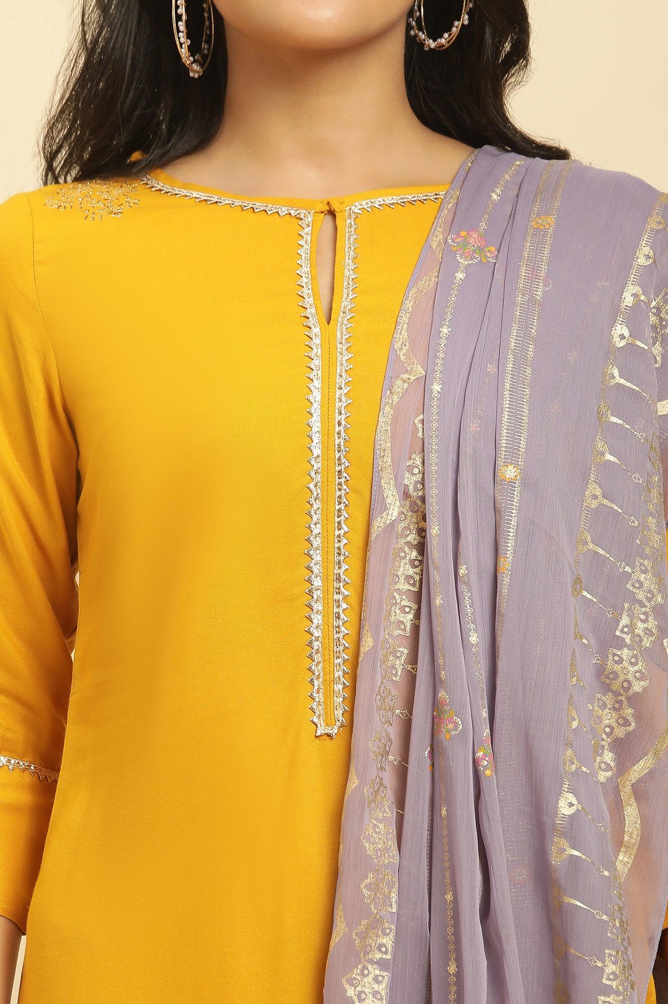 Yellow Embellished Shantung Kurta, Pants And Dupatta Set - Image 7