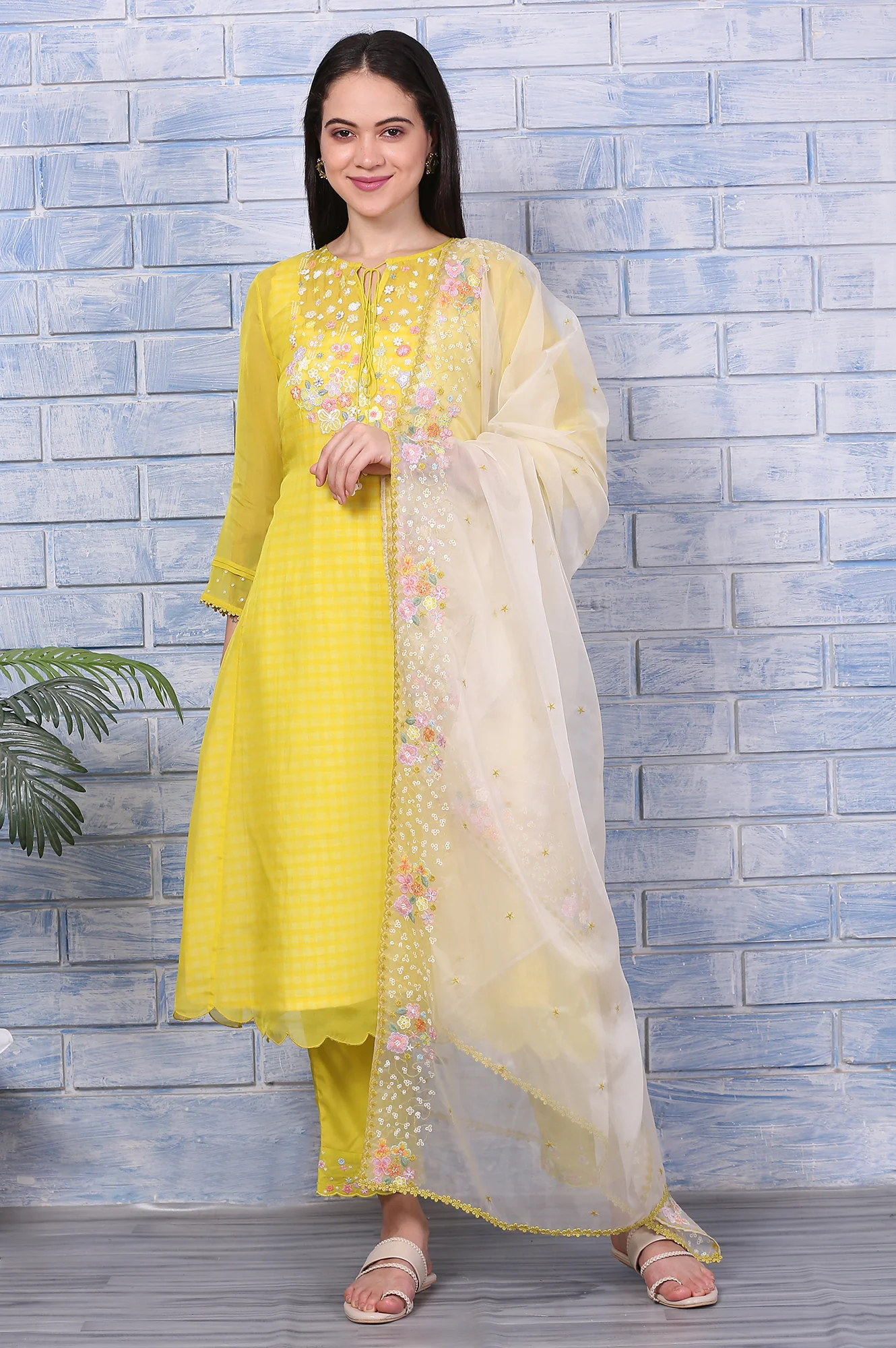 Yellow Embroidered A-line Organza Festive Kurta, Pants and Dupatta Set - Image 2