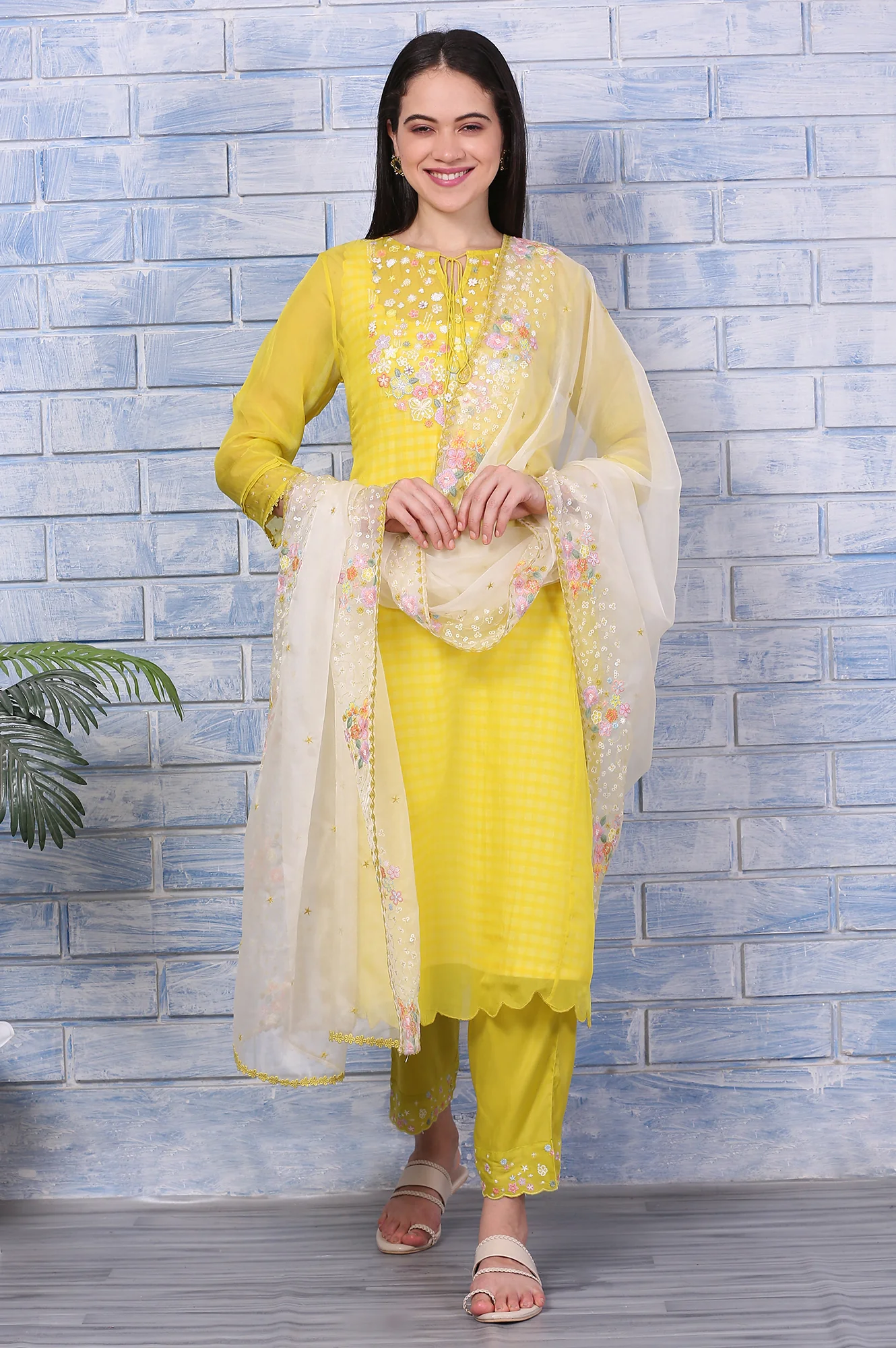 Yellow Embroidered A-line Organza Festive Kurta, Pants and Dupatta Set - Image 3