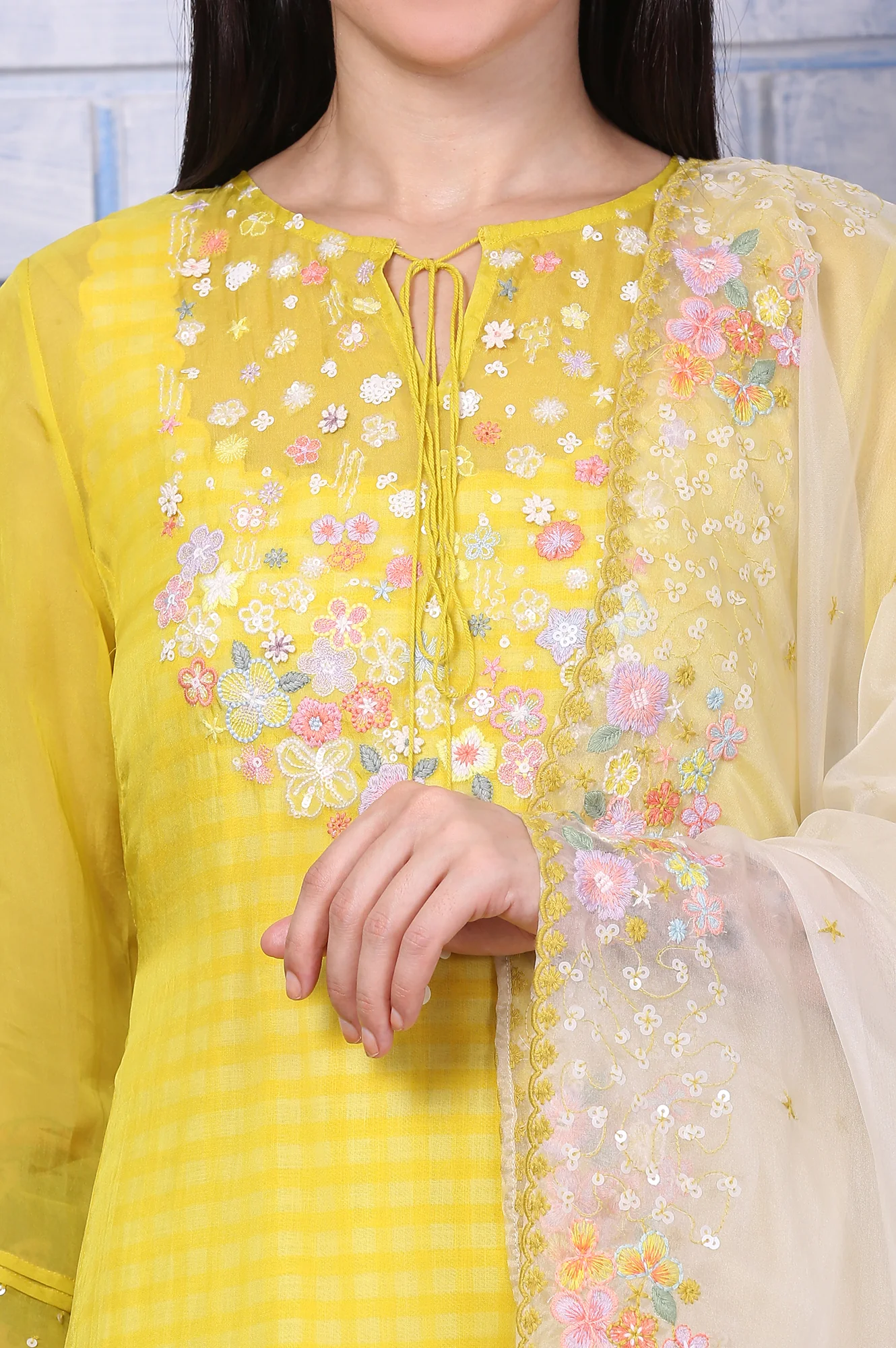 Yellow Embroidered A-line Organza Festive Kurta, Pants and Dupatta Set - Image 4
