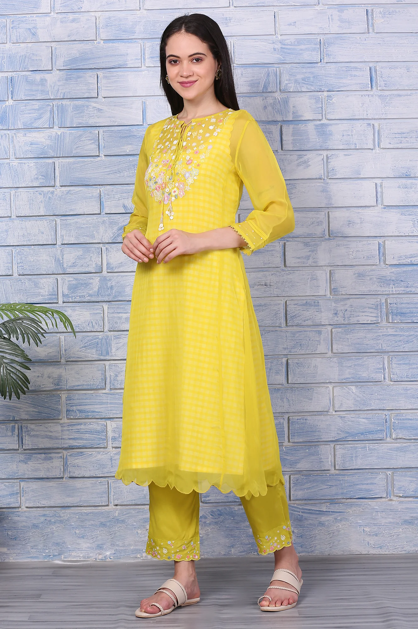 Yellow Embroidered A-line Organza Festive Kurta, Pants and Dupatta Set - Image 5